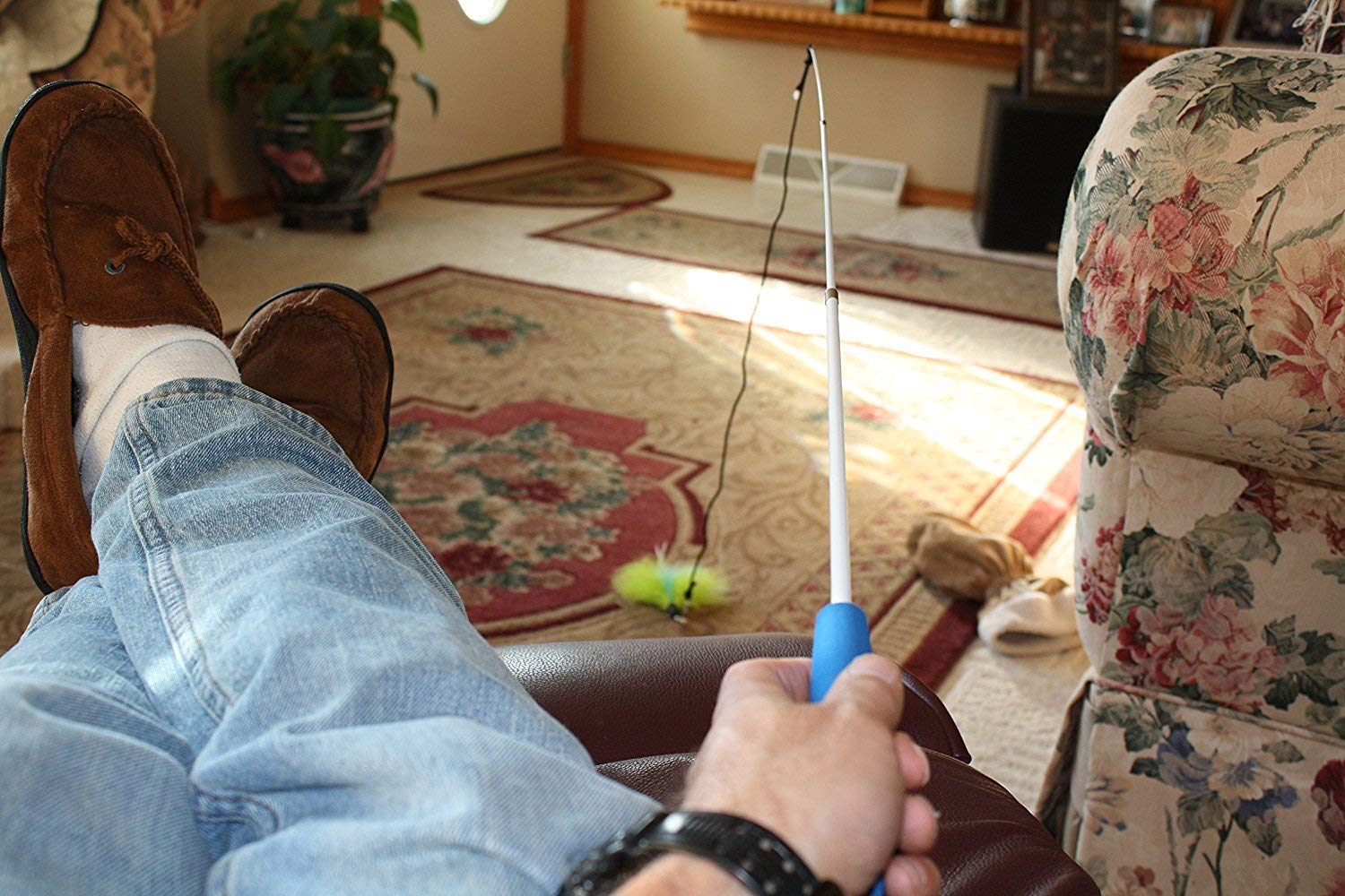 Pet Fit For Life - Retractable Feather Wand For Cats - Durable Interactive Cat Toy, Teaser Fishing Pole With Feather Lures - Fun Kitten Play Wand, 2 Feathers With String And Flying Fish Attachment