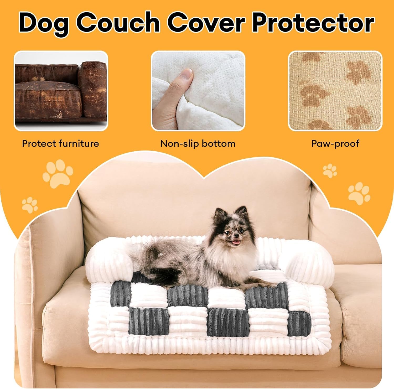 Funny Fuzzy Pet Couch Covers For Sofa, Small Dog Couch Cover Bed Cozy Cream Plaid Washable Pet Mat For Furniture Protector Sofa