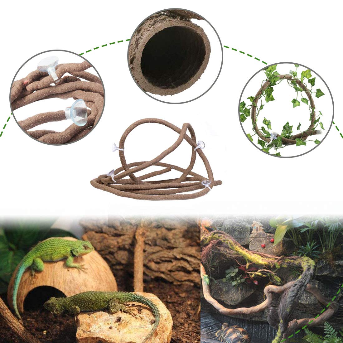 PINVNBY Bearded Dragon Tank Accessories,Lizard Habitat Hammock Reptile Natural Coconut Shell Cave Jungle Climber Bendable Vines