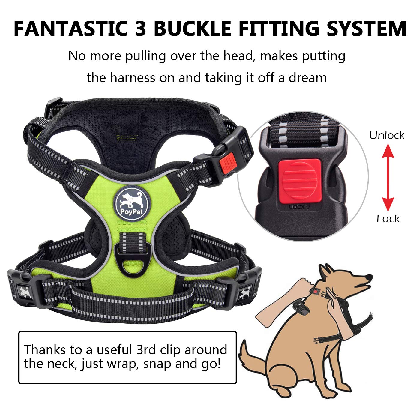 Poypet No Pull Dog Harness, No Choke Front Clip Dog Reflective Harness, Adjustable Soft Padded Pet Vest With Easy Control Handle For Small To Large Dogs(Green,M)