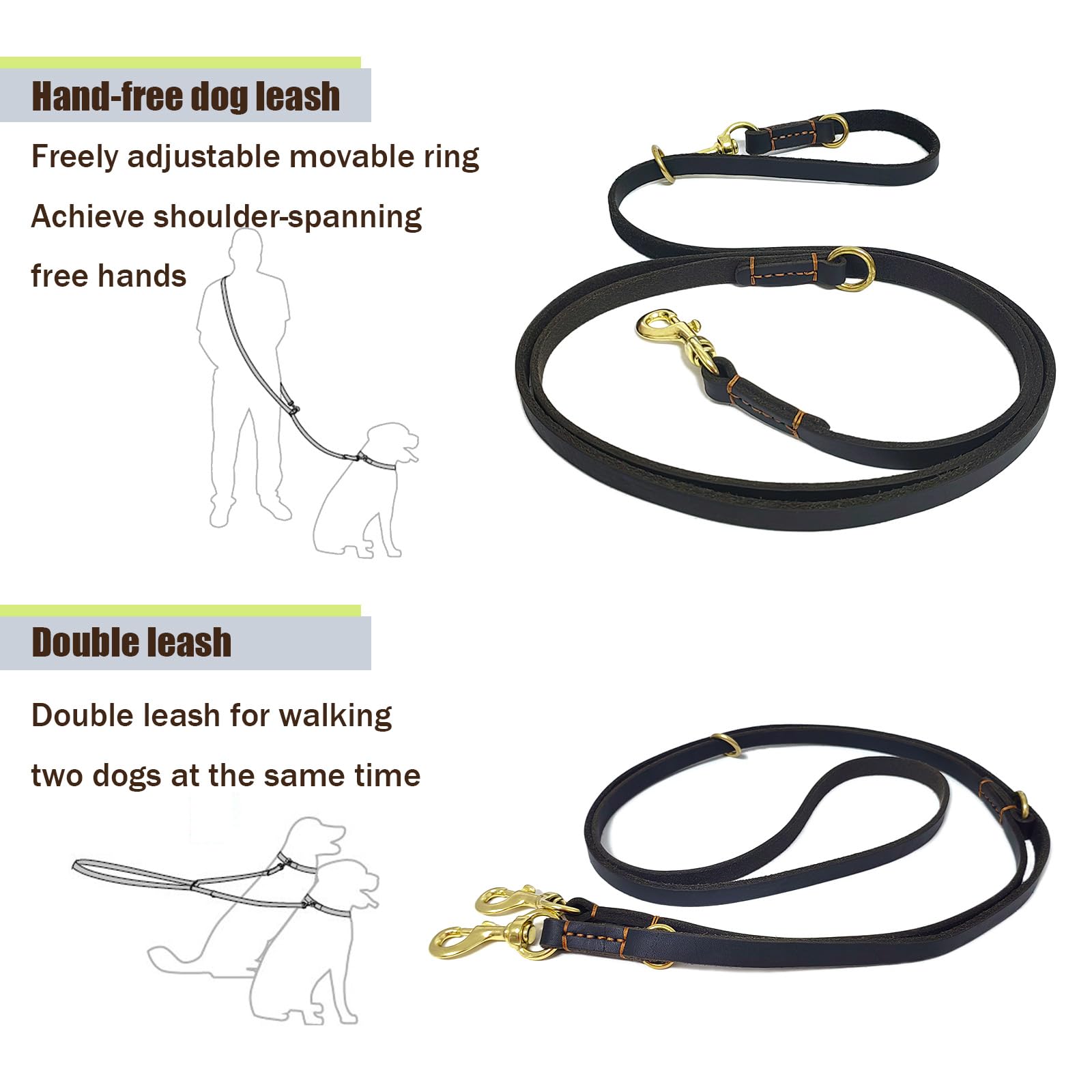 Lwbmg Multi Function Leather Dog Leash - 8Ft Hands Free Double Ended Training Leash For Medium Large Dogs - Black