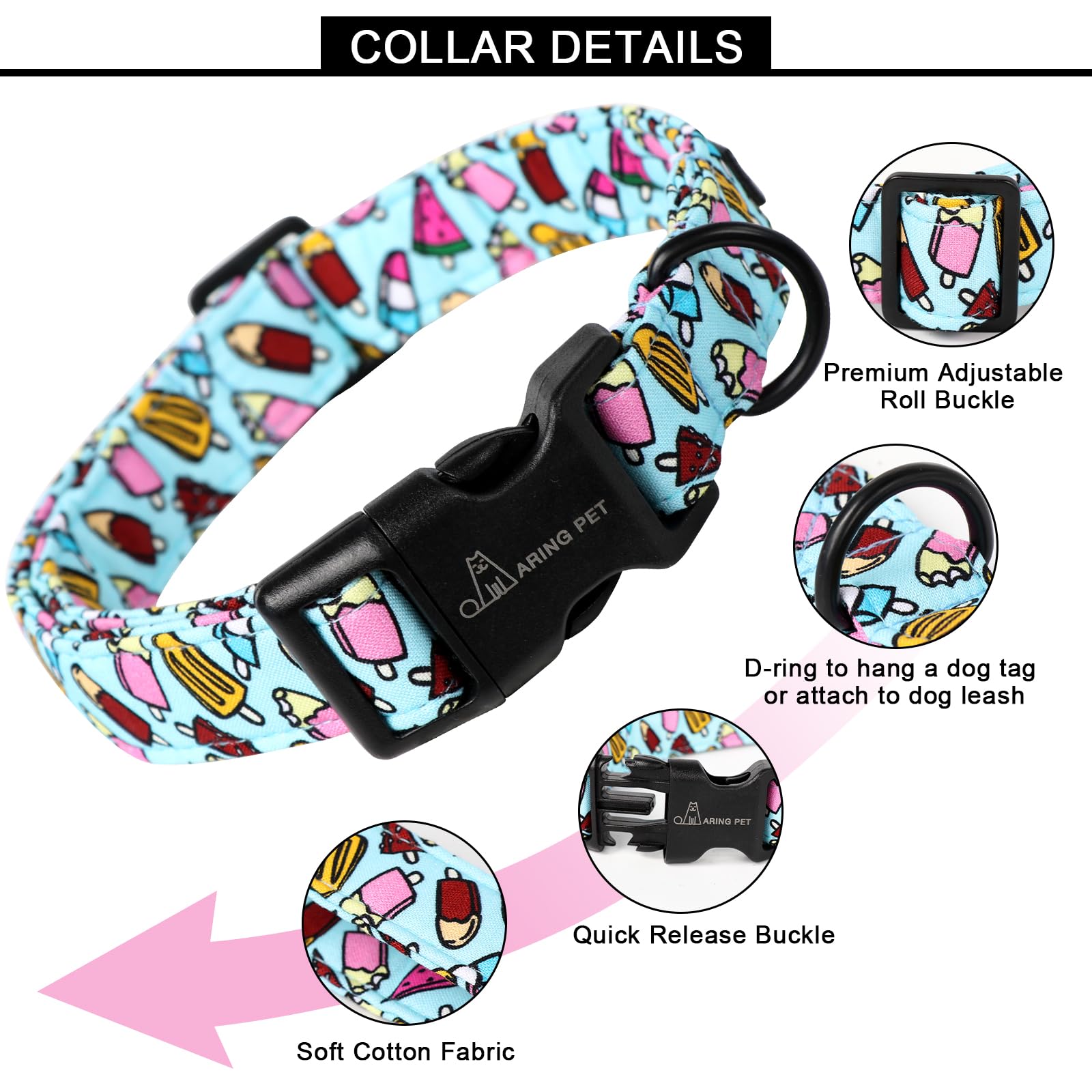 Aring Pet Summer Dog Collar-Cotton Ice Cream Dog Collars, Adjustable Popsicle Pet Collar Puppy Collars With Quick Release Buckle