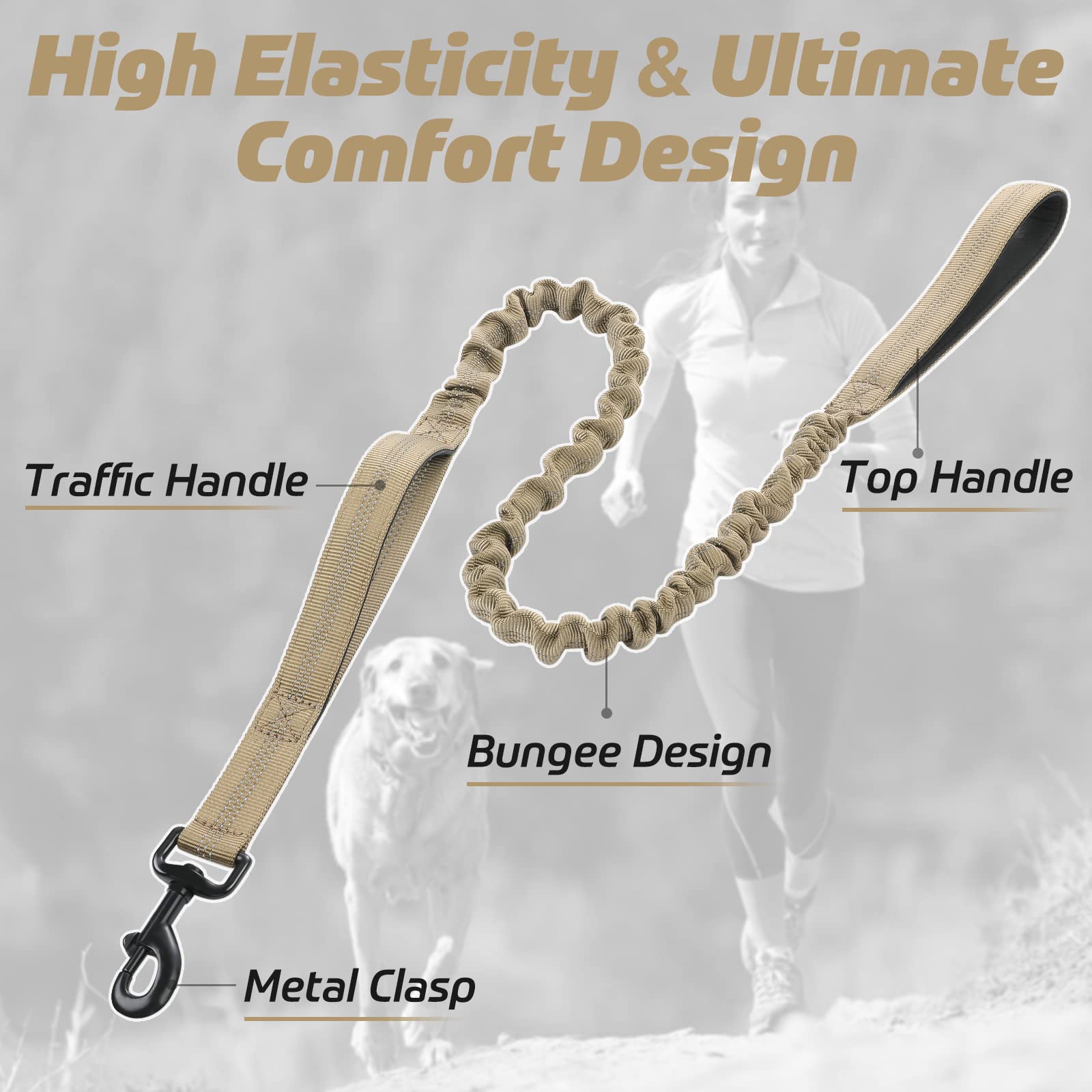 Rabbitgoo Tactical Dog Leash, Bungee Dog Training Leash With Shock Absorption, Brown Military Dog Leash With 2 Padded Control Ha