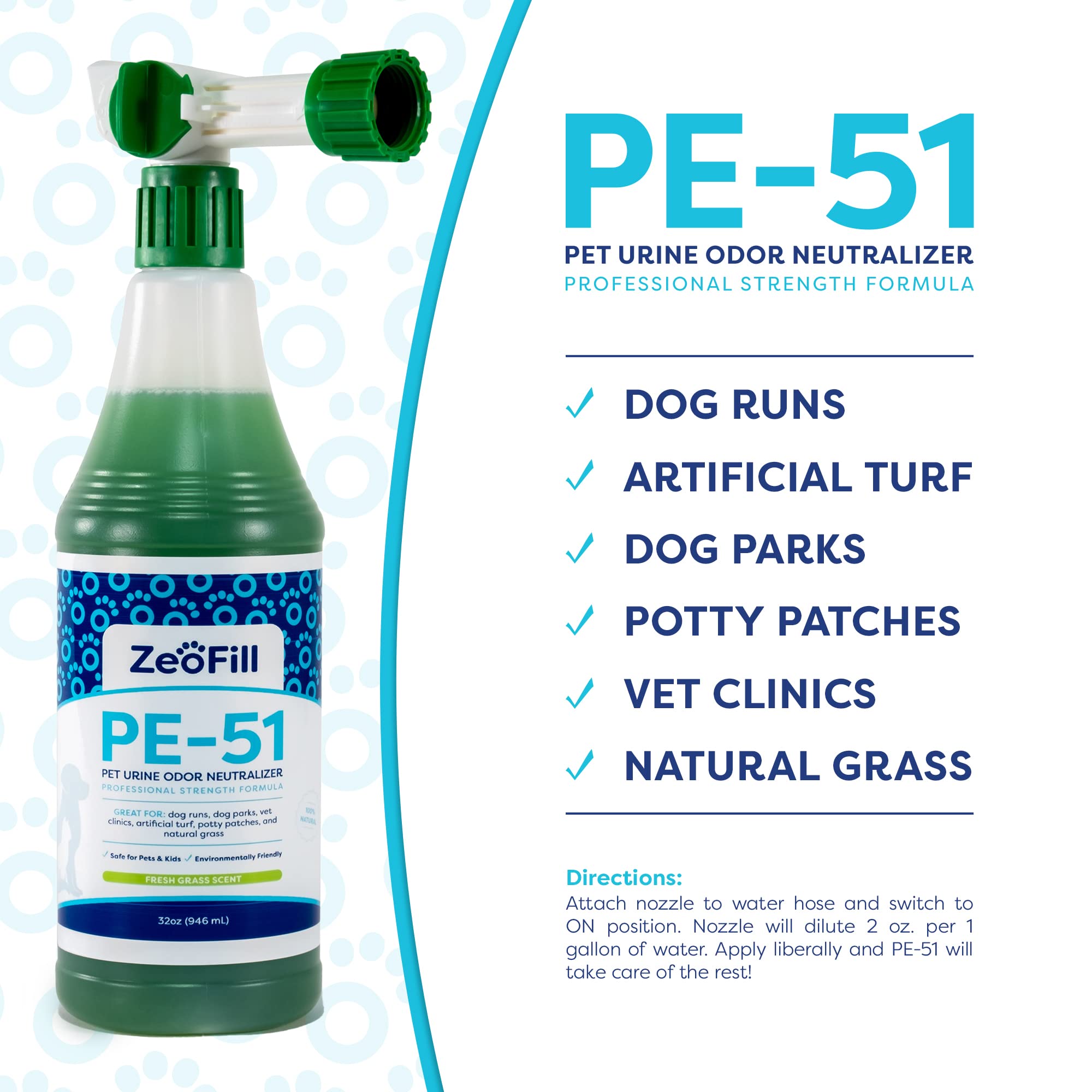 Zeofill Pe-51 Pet Odor Eliminator – Urine Odor Neutralizer With Max Flow Garden Hose Spray Nozzle | Pet, Turf & Yard Smell Remover | Cat & Dog Pee Deodorizer Spray | All Natural Enzymes | 32Oz Bottle