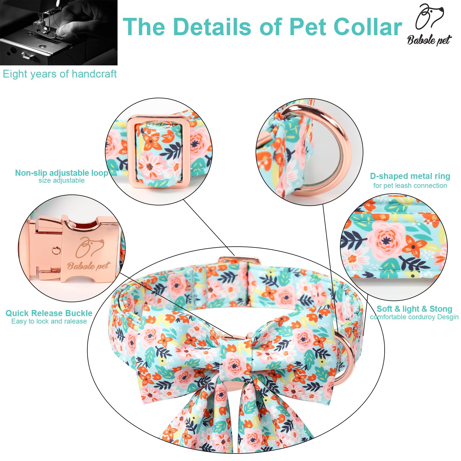 Babole Pet Floral Dog Collar With Bow Tie - Adjustable Blue Flower Lady Bow Collar Breathable Comfort Spring-Summer Dog Collars