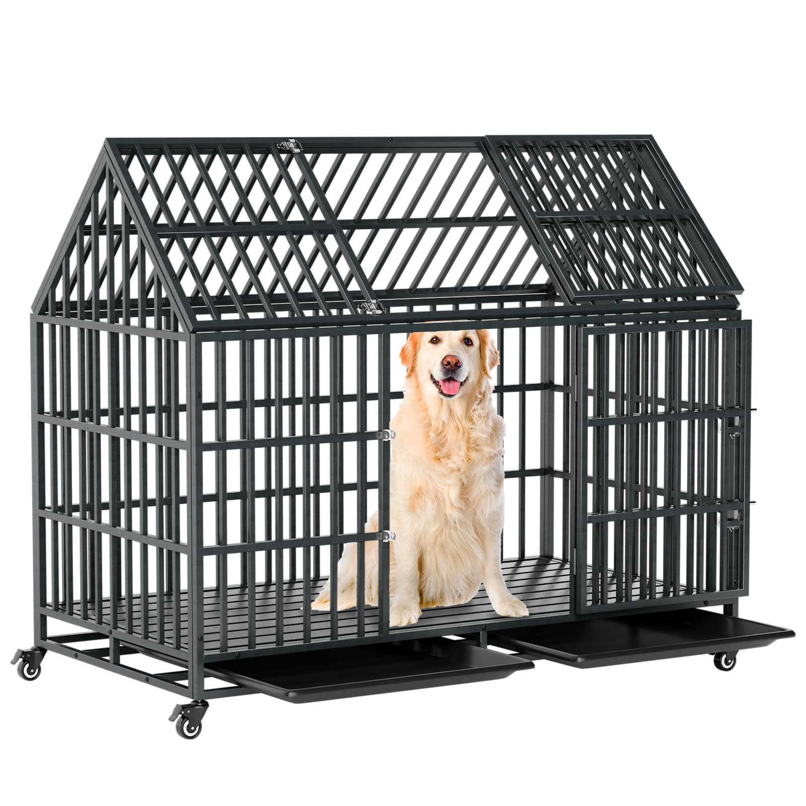 52 Inch Heavy Duty Dog Crate Extra Large Dog Cage Kennel, Indestructible Xxl Dog Crate With Open Roof Top, Trays And Wheels, Esc