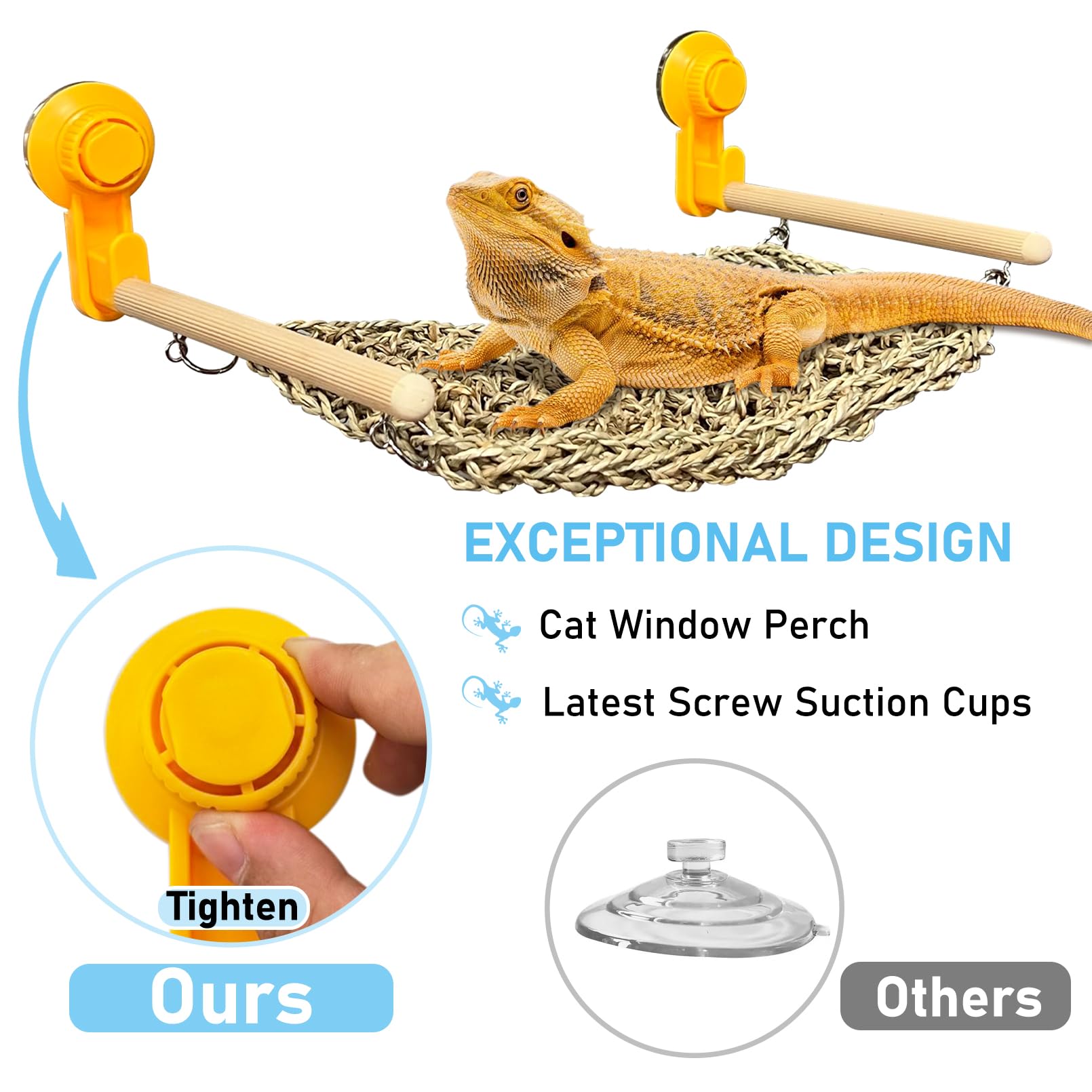 Vcepjh Bearded Dragon Hammock, Reptile Window Perch Natural Seagrass Gecko Climbing Tank Accessories Lizard Lounger Bed With Pow