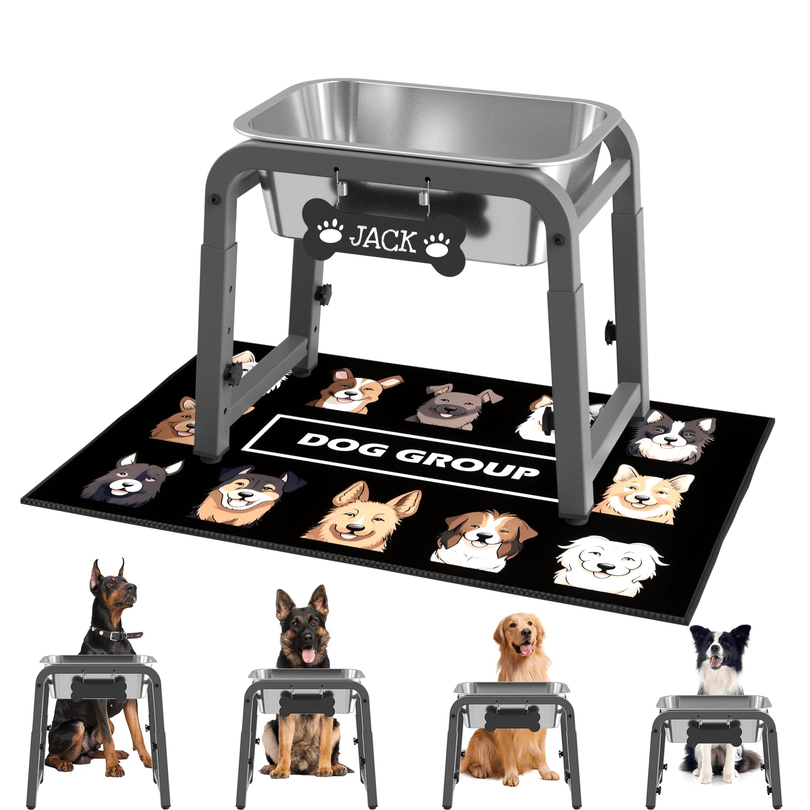 1.2 Gallon Elevated Dog Water Bowl, Height Adjustable (11-17) Raised Stainless Steel Bowl with Spill-Proof Mat & Sturdy Metal 