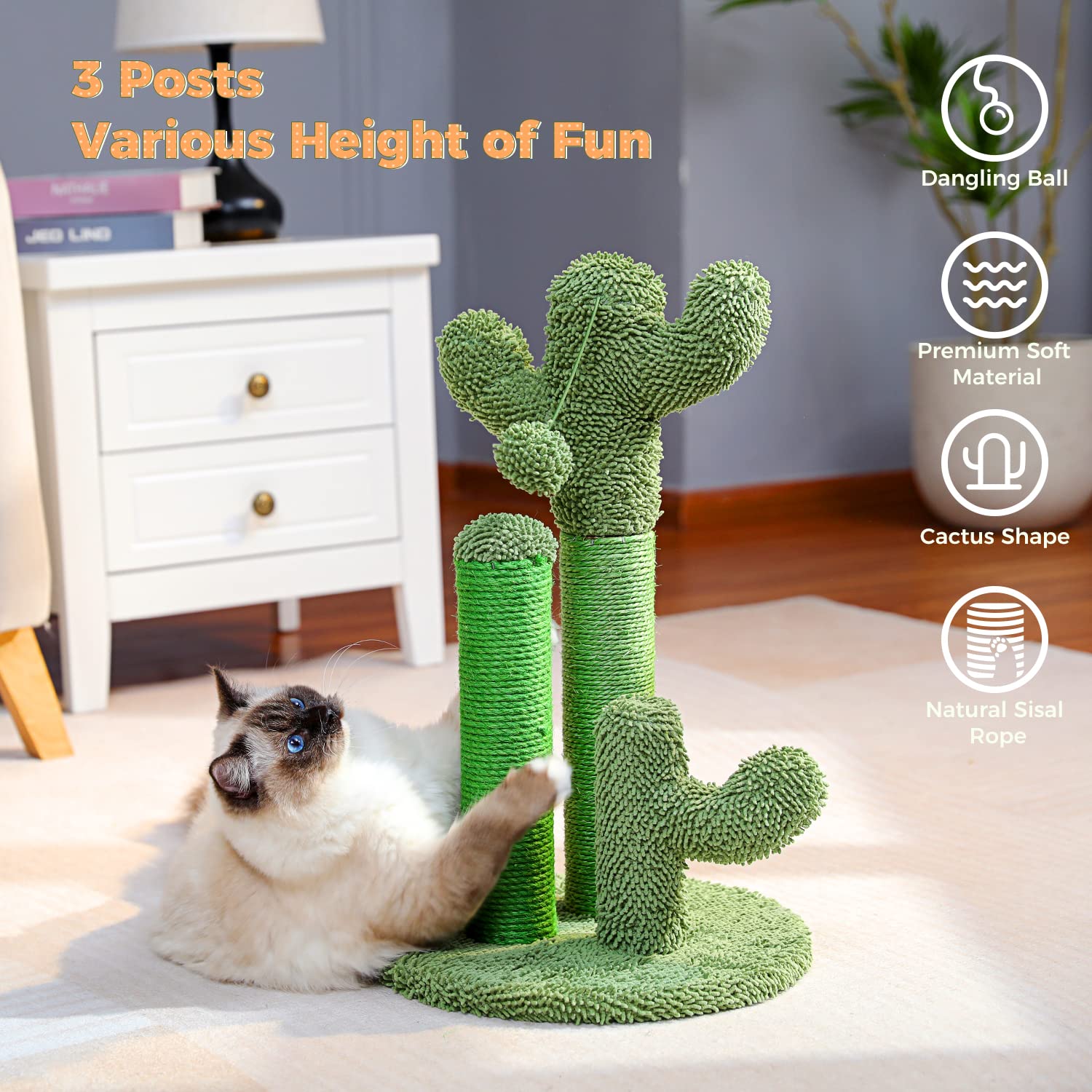 Pawz Road Cat Scratching Post Cactus Cat Scratcher Featuring With 3 Scratching Poles And Interactive Dangling Ball -Large 27 Inc