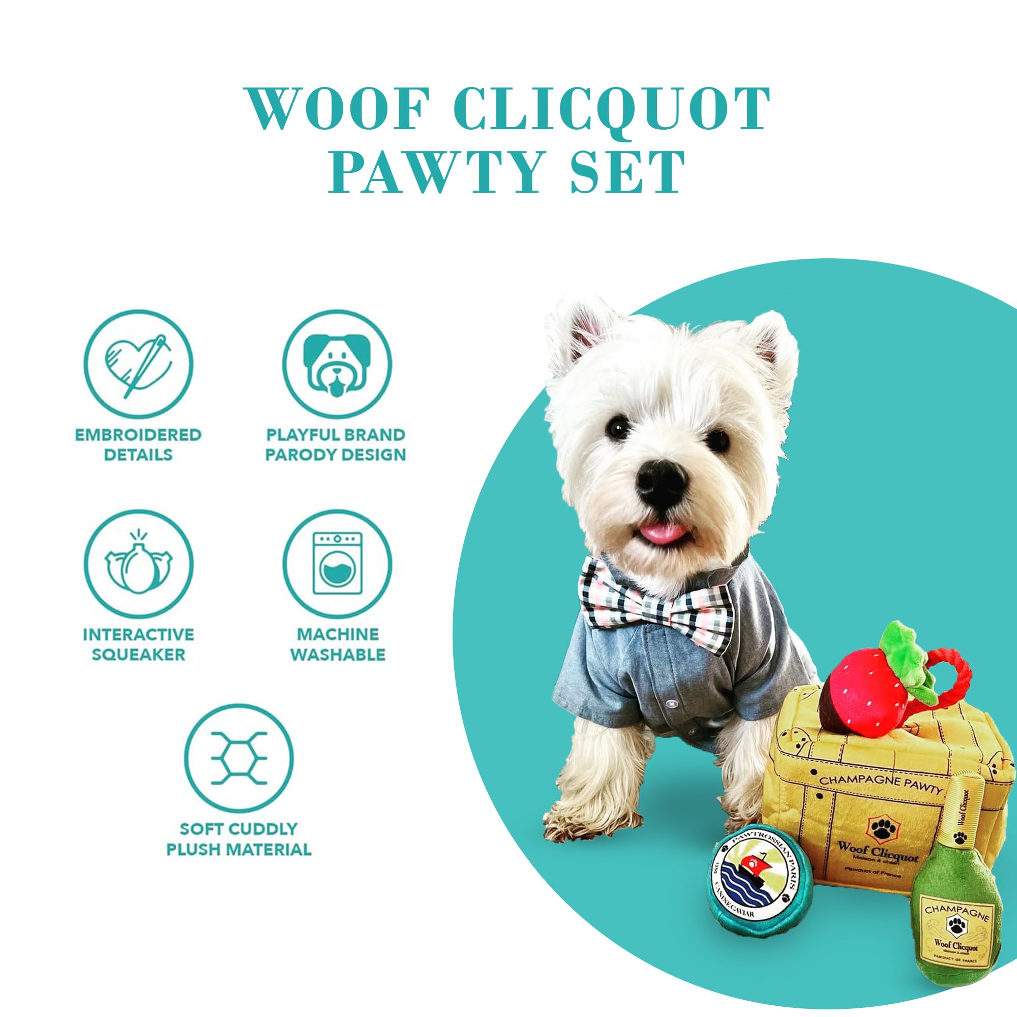 Haute Diggity Dog Woof Clicquot Pawty Set, Plush Designer Dog Toys with Interactive Squeaker, Stimulating Pet Enrichment, Machin