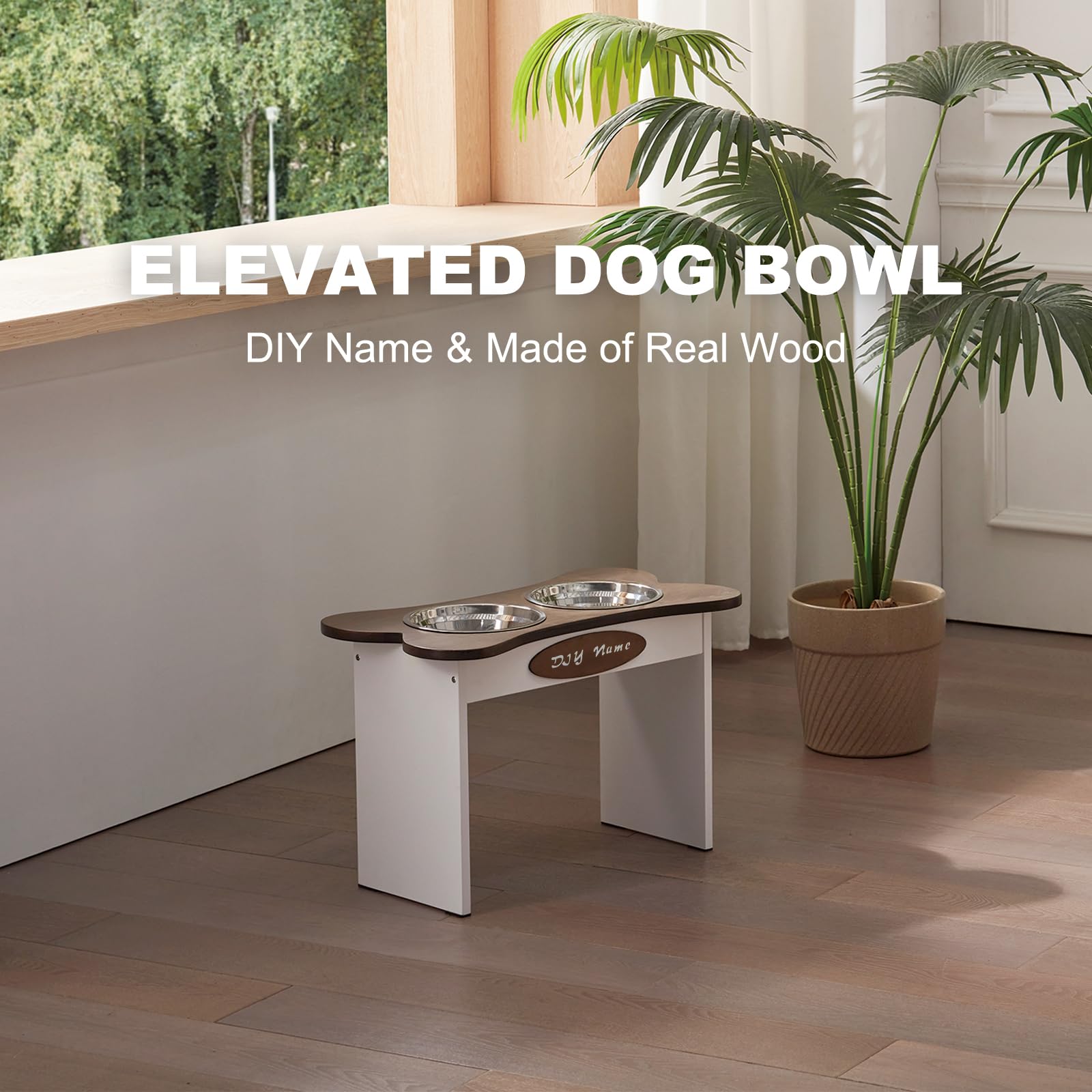 Hq4Us 4Legs Elevated Dog Bowls For Large Dogs, Diy Dog Name Farmhouse Medium Stand, Wood Raised Stand With 2 Stainless Steel Bow