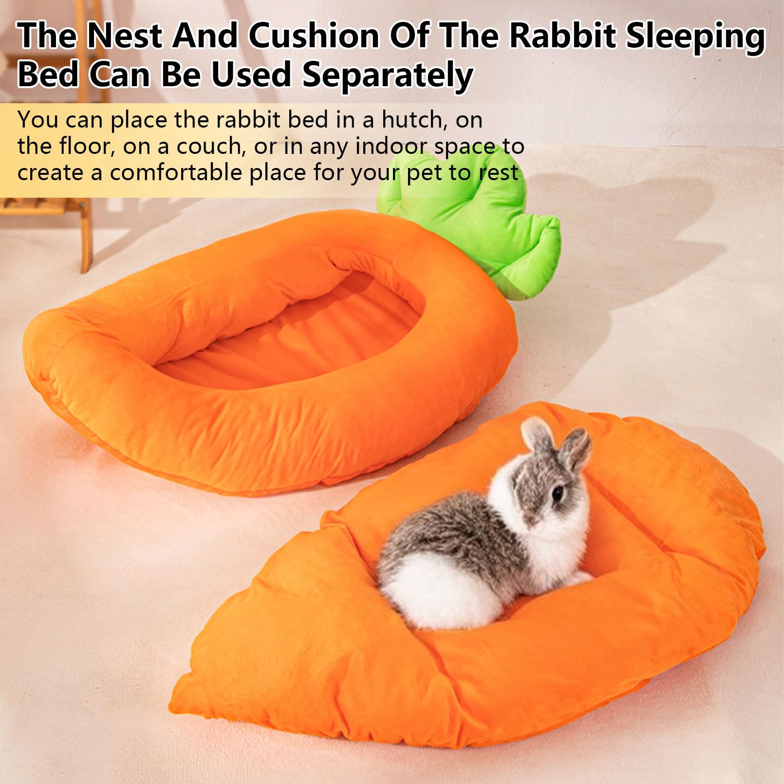 Acsist Rabbit Bed,Thick&Soft Bunny Bed With Removable Cushion,Machine Washable With Rattan Mat & Heart Decor,Cozy Warm Small Ani