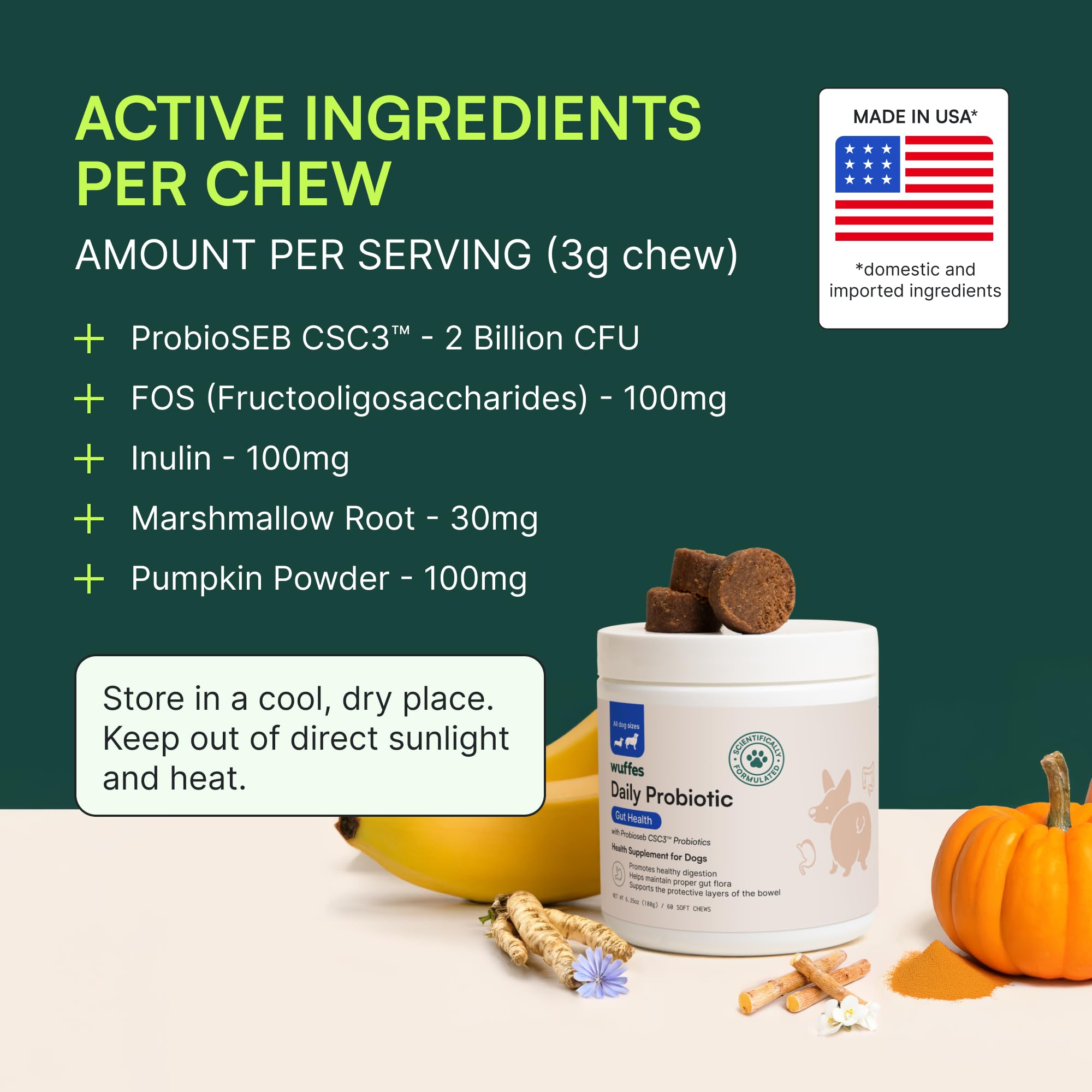 Wuffes Daily Probiotic for Dogs - Supports Digestive Health, Gut Balance, and Immune System - with Prebiotics, Marshmallow Root,