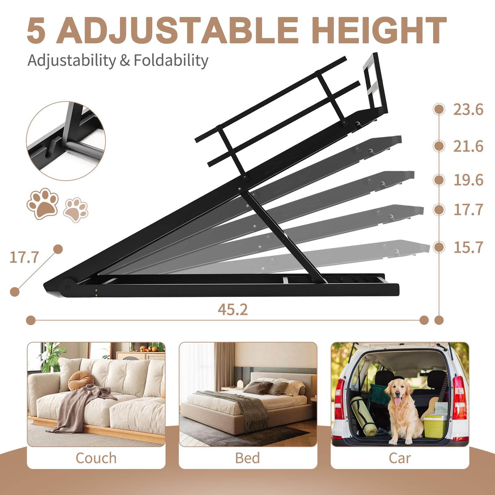 Slsy Dog Ramp, Upgraded Folding Adjustable Pet Ramp With Rubber Mat,45.2'' Long For Middle Bed/Couch/Suv, Work For Small & Large