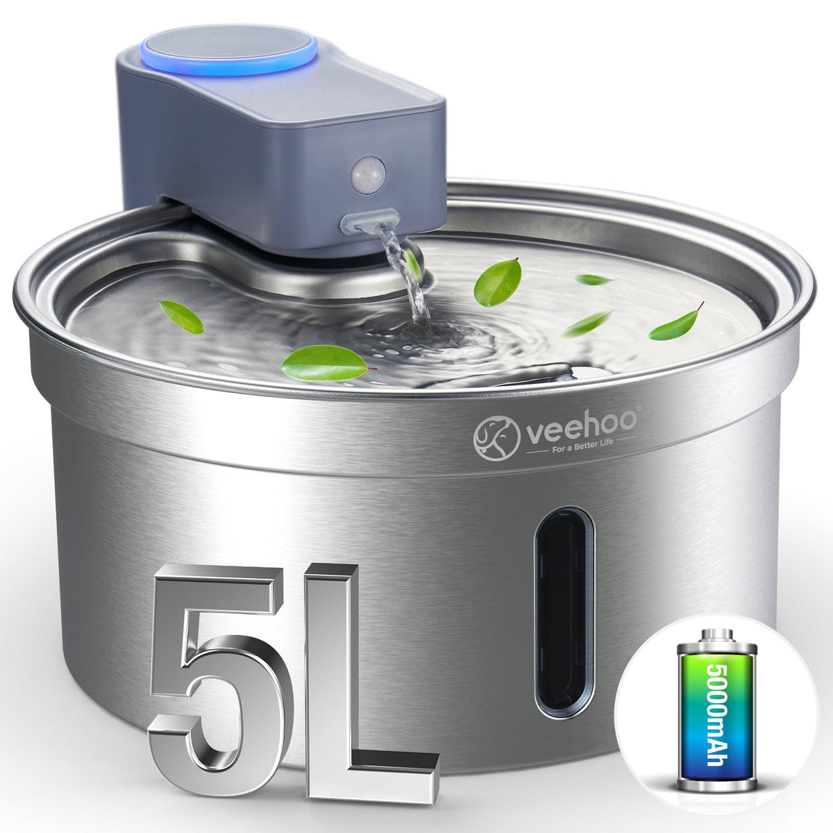Veehoo 5L/169Oz Wireless Stainless Steel Cat Water Fountain 5000Mah Battery Operated Rechargeable Pet Dog Water Dispenser Indoor