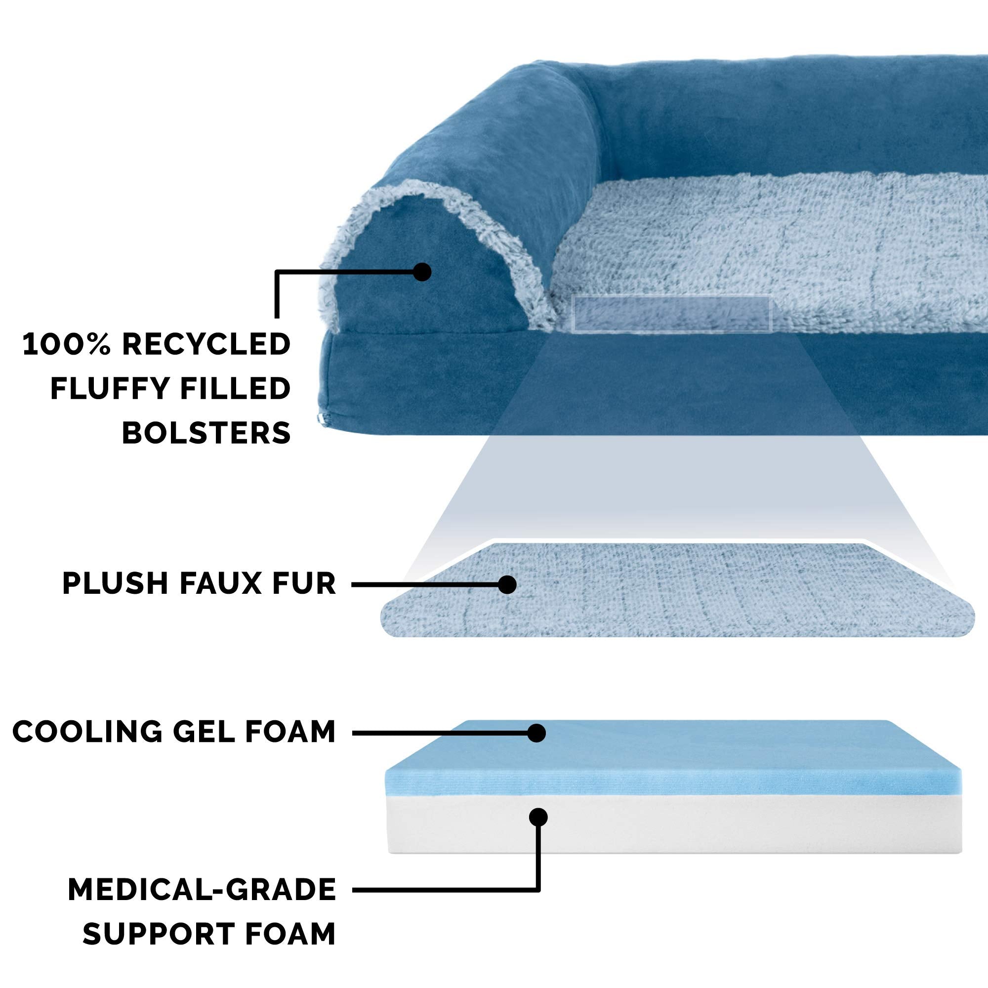 Furhaven Cooling Gel Dog Bed For Large Dogs W/ Removable Bolsters & Washable Cover, For Dogs Up To 125 Lbs - Two-Tone Plush Faux