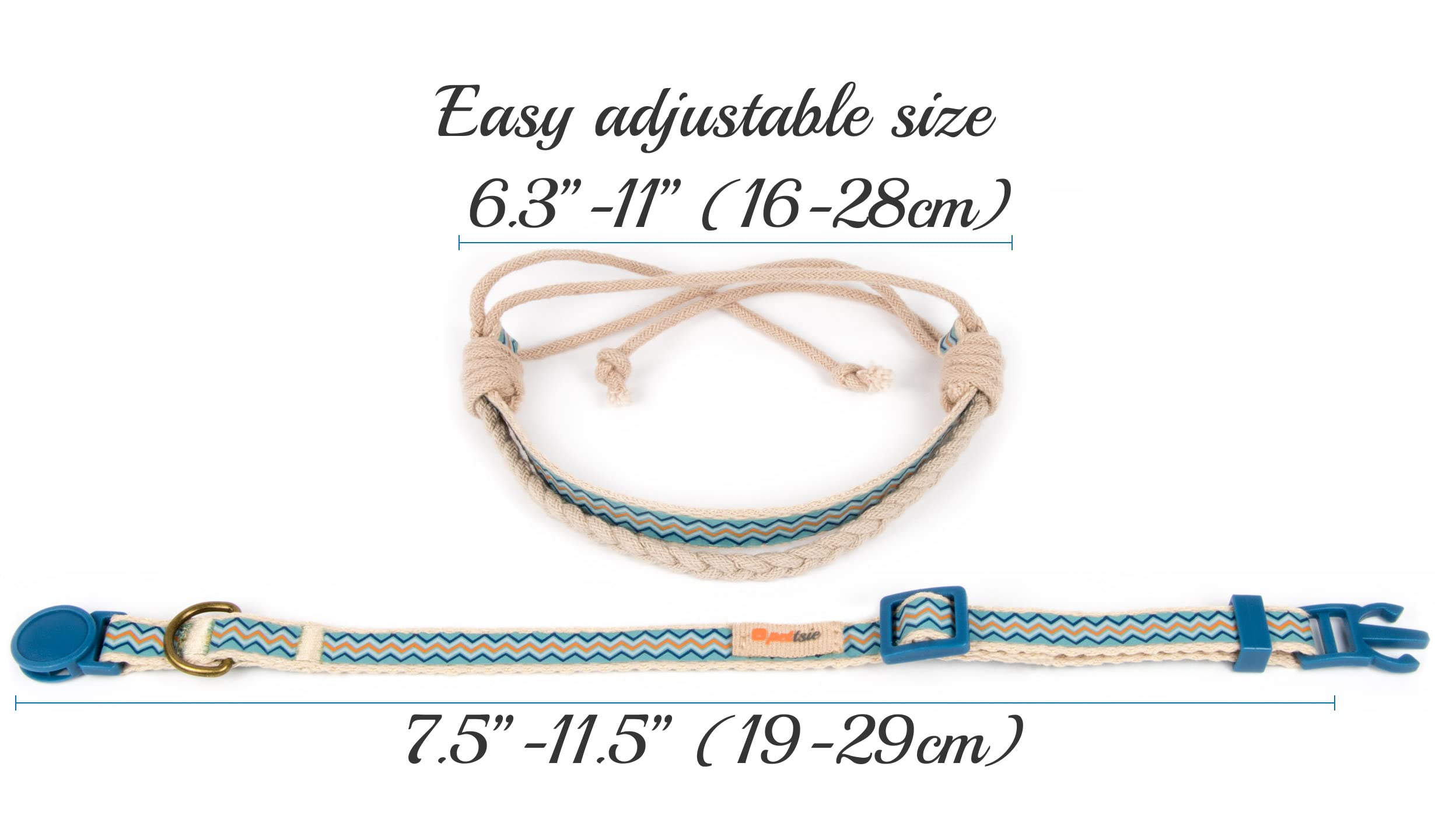 Pettsie Easy Adjustable Cat Collar Set, Safety Breakaway Buckle, Matching Friendship Bracelet, Soft Cotton For Sensitive Skin, Ideal For Kitty Lovers, Fits Neck Sizes 7.5-11.5 Inches, Blue