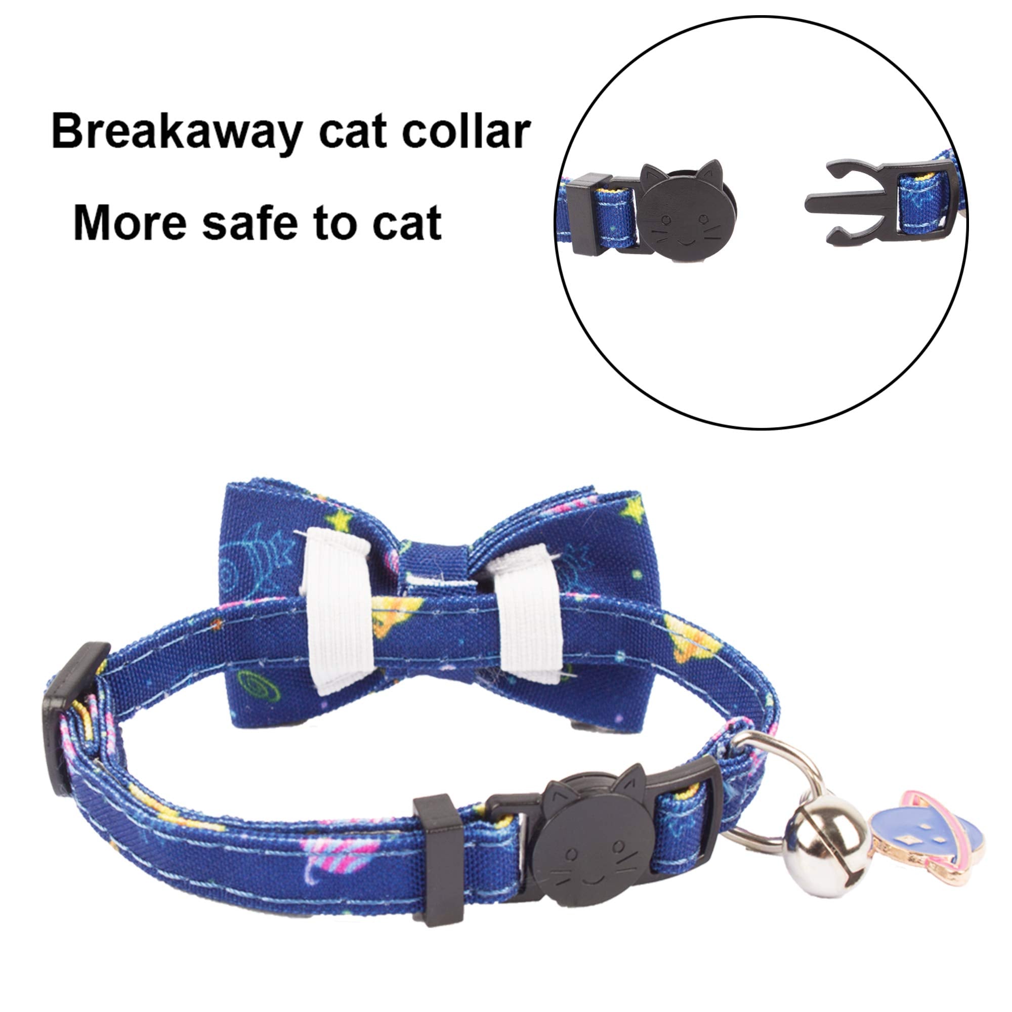 Adoggygo Cat Collar Breakaway With Cute Bow Tie Bell, 2 Pack Kitten Collar With Removable Bowtie, Universe Dinosaur Bowtie Colla