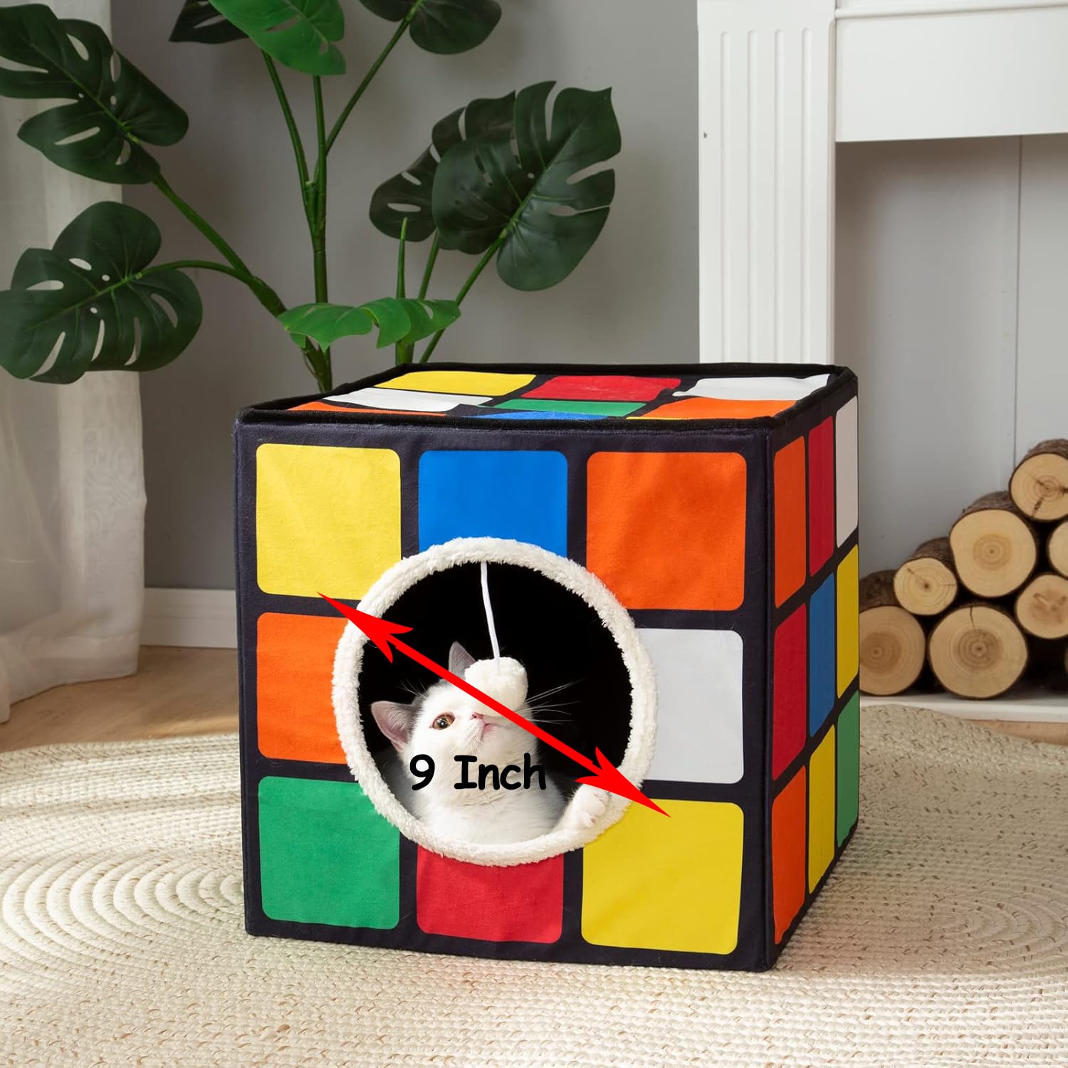 Luckitty Cat Condo House With Reversible Cushions And Fluffy Ball Hanging, Foldable Magic Cube, Large Cave Bed For Indoor Cats,
