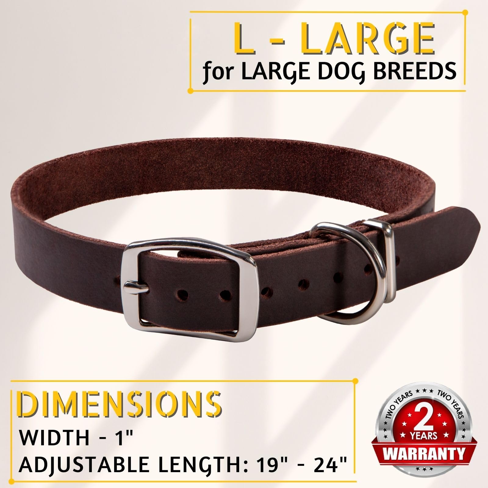 Adityna - Leather Dog Collar For Large Dogs - Classic Style, Soft And Strong, Heavy-Duty Top-Grain Leather Collar For Walking, T