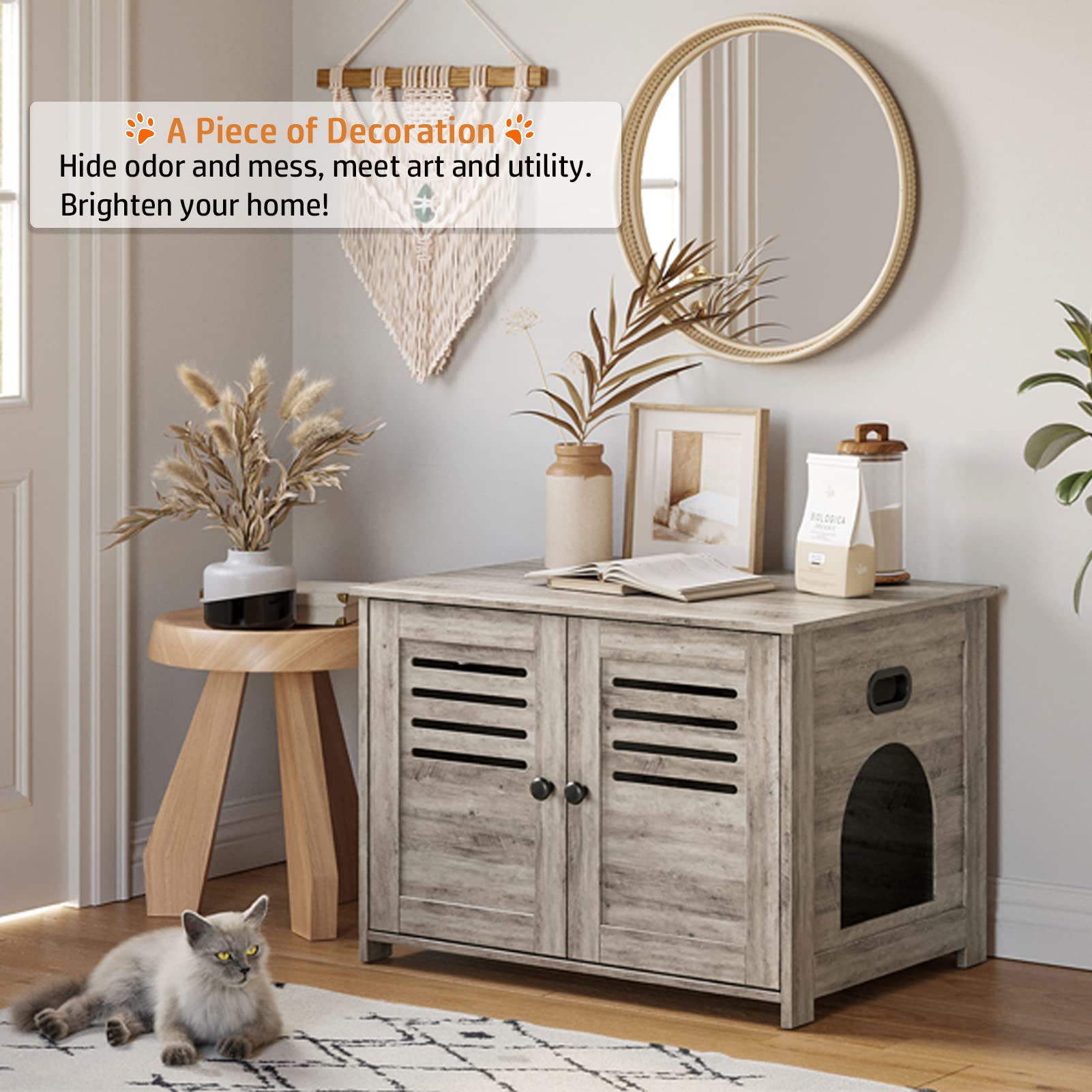 Dinzi Lvj Litter Box Enclosure, Cat Litter House With Louvered Doors, Entrance Can Be On Left Or Right Side, Spacious Hidden Cat Washroom For Most Of Litter Box, Cat Furniture Cabinet, Greige