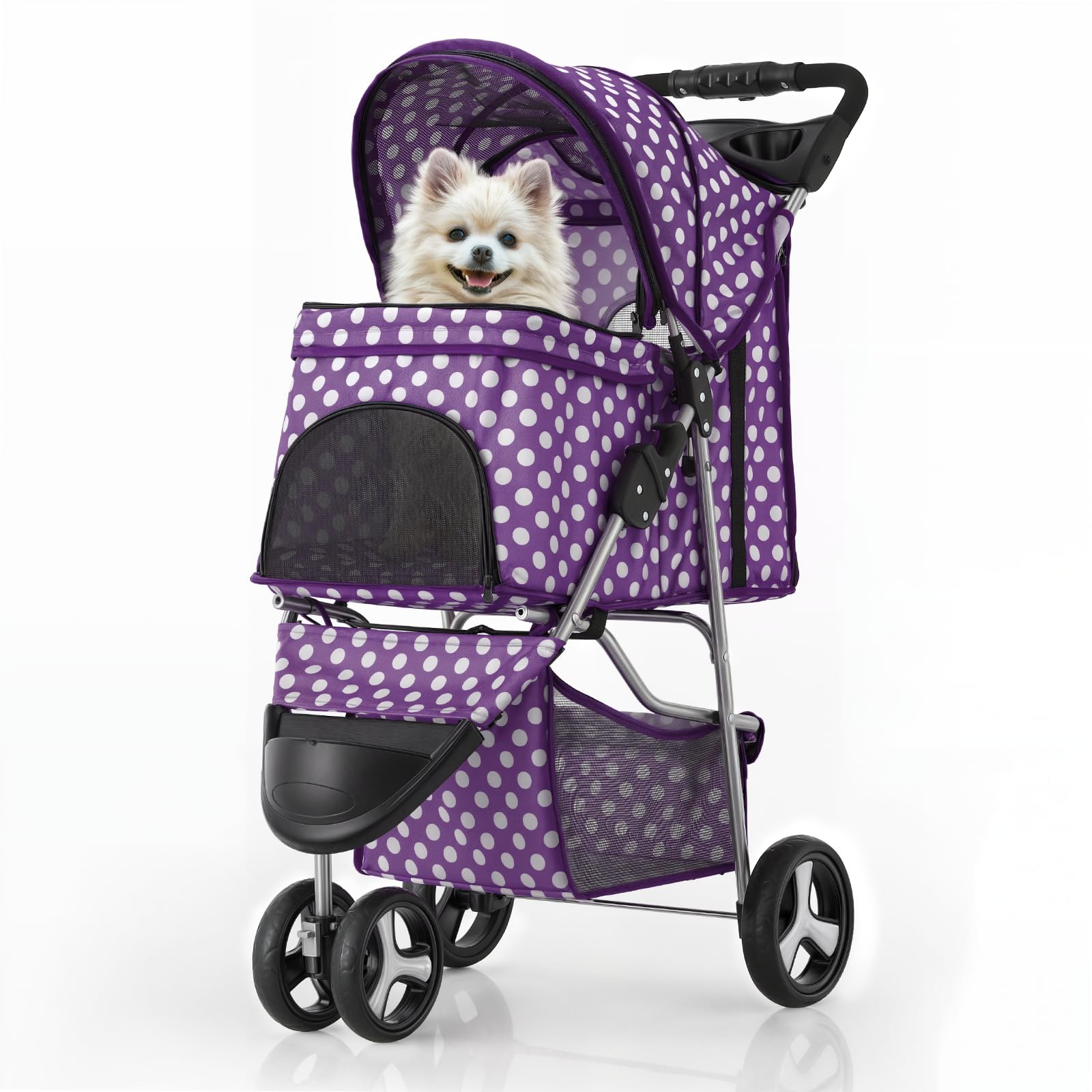 MoNiBloom 3 Wheels Pet Dog Cat Stroller for Small Medium Dogs Cats, Foldable Jogger Stroller w/Storage Basket and Cup Holder, Pu