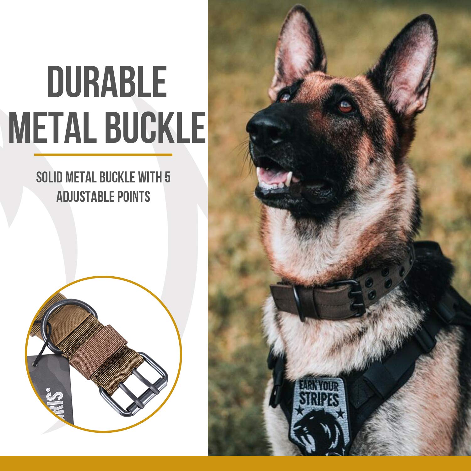 Onetigris Military Adjustable Dog Collar With Metal D Ring & Buckle 2 Sizes (Coyote Brown, M)