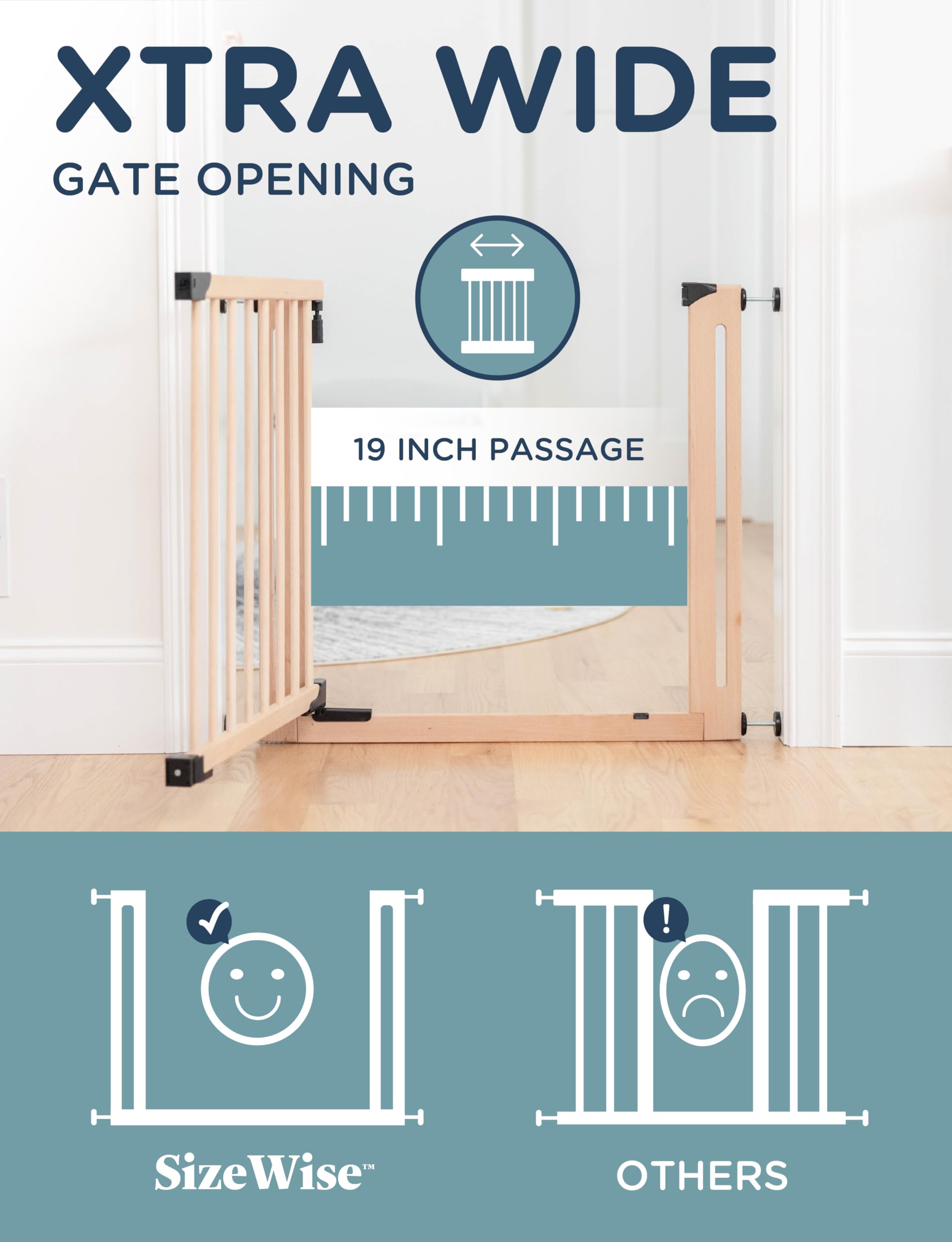 SizeWise Wood Pressure Mounted Safety Gate 27.6-31.5 | Extra-Wide Passage | Auto-Close Two-Way Opening for Doorways and Hallways