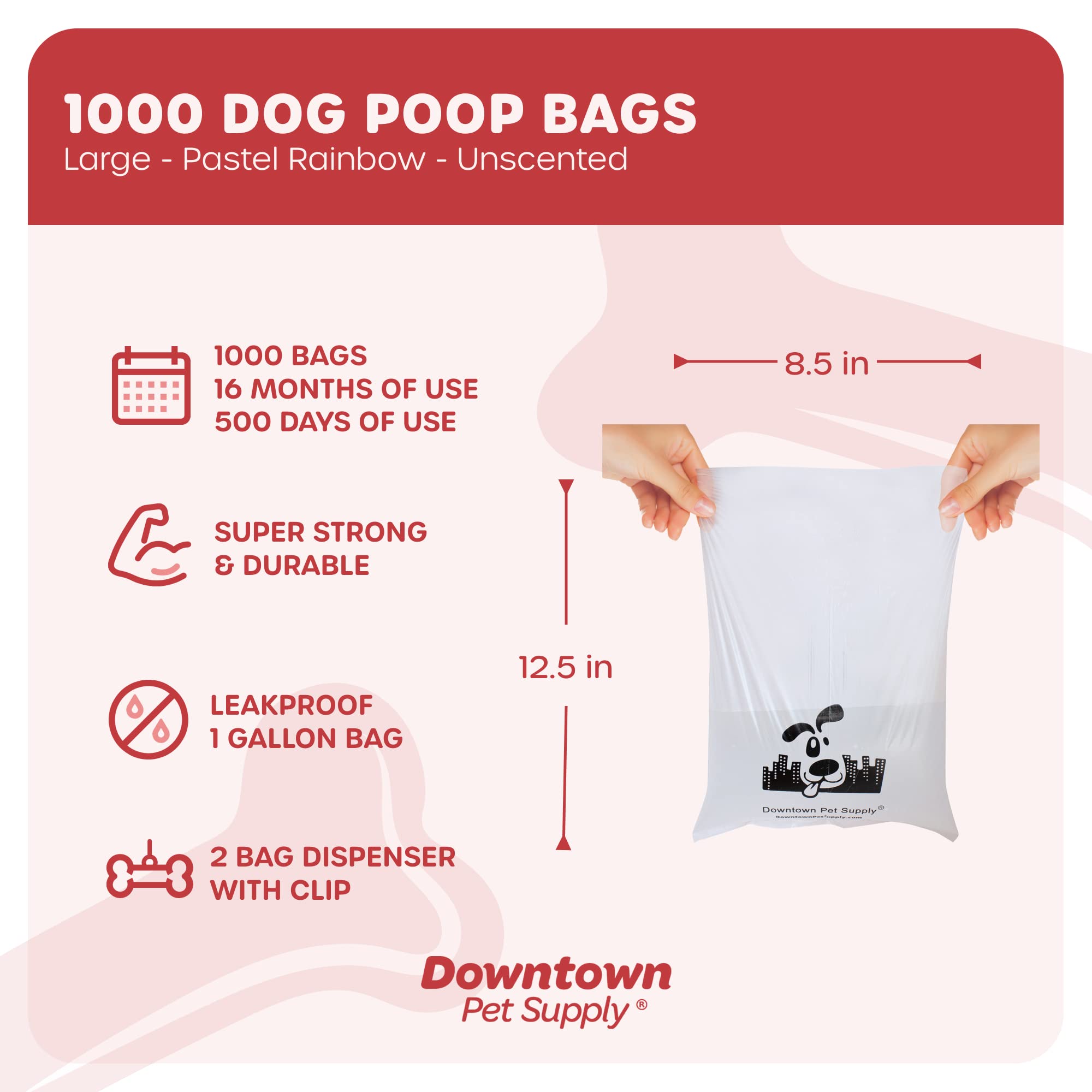 Downtown Pet Supply Unscented Poop Bags For Dogs With Dispenser, 1000 Count - Leak-Proof Dog Waste Bags And Bone-Shaped Dog Poop Bags Holder For Leash - Pastel Rainbow, 12.5' X 8.5'