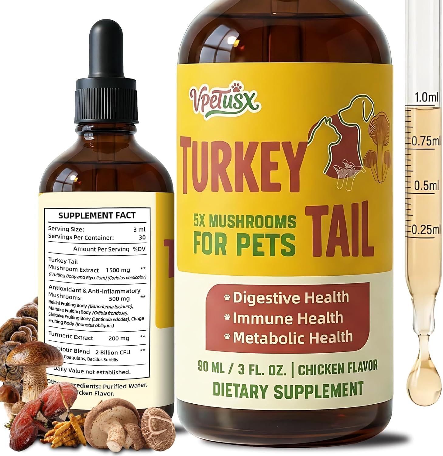 VPETUSX Advanced Immune Support for Senior Dogs | Liquid Turkey Tail Drops for Dogs - 7-in-1 Mushroom Blend to Help Manage Lumps