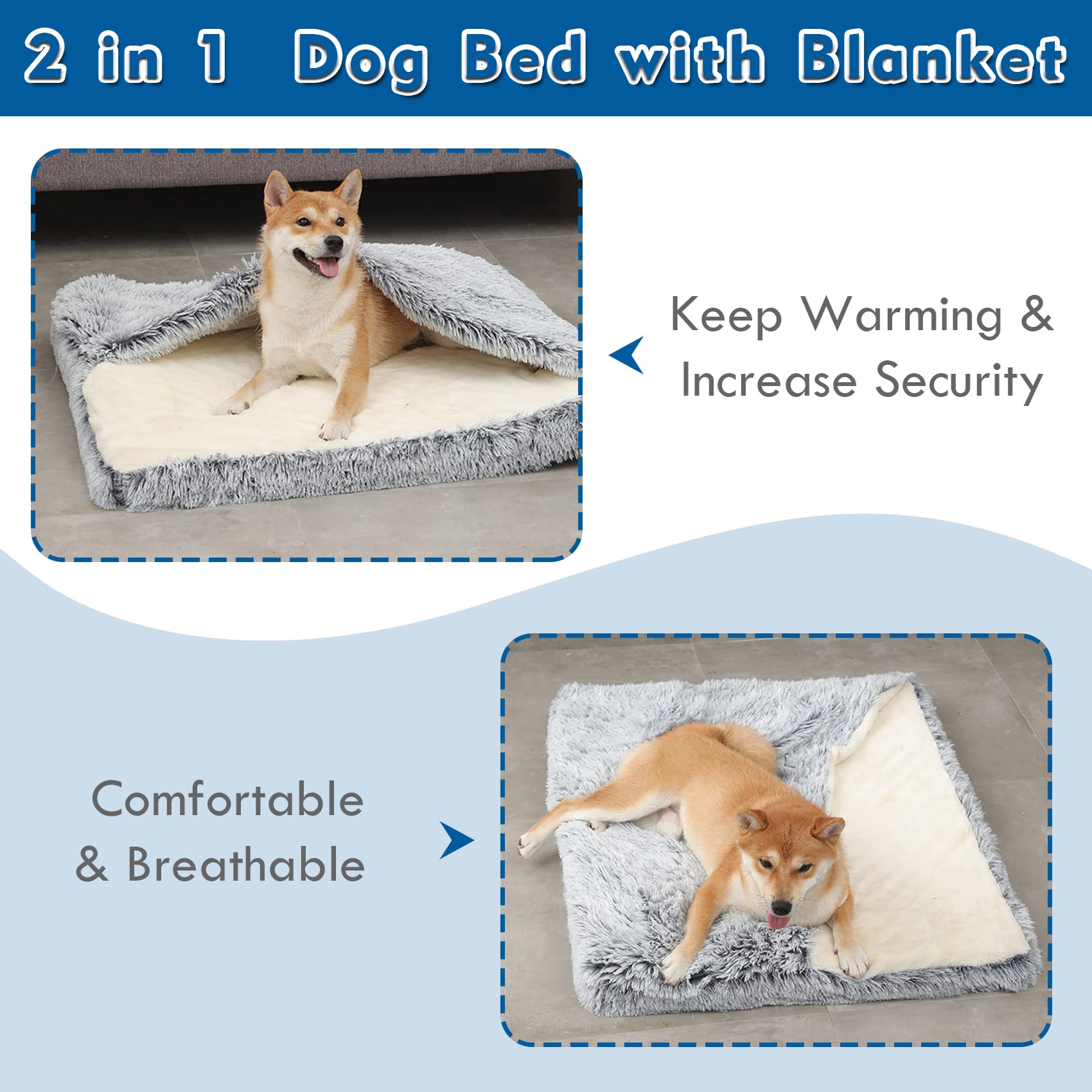 Dog Bed With Cover Cave, Orthopedic Dog Bed With Blanket, 33.5 * 27.6'' Rectangle Pet Crate Cozy Cuddler Mat, Anti-Anxiety Memor