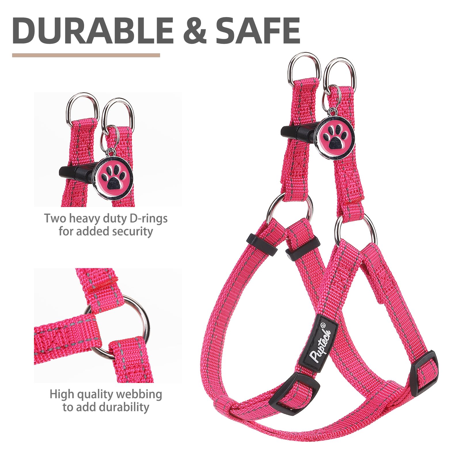 Pupteck No Pull Dog Harness Soft Adjustable Basic Nylon Step In Puppy Vest Outdoor Walking With Id Tag, Reflecive Pink, S