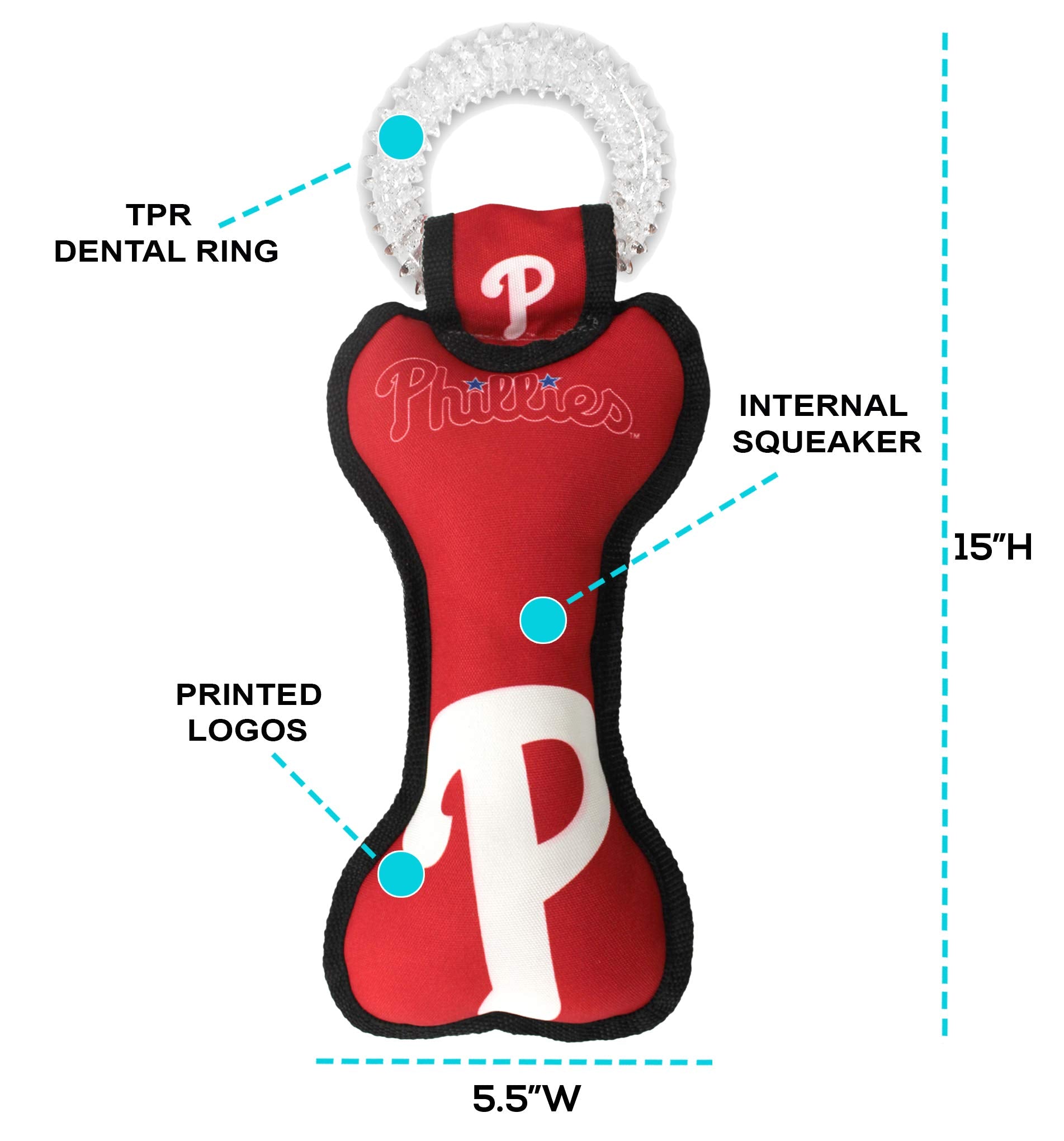 Mlb Philadelphia Phillies Bone Shaped Dental Dog Tug Toy With Squeaker. Tough Pet Toy For Healthy Fun, Teething, And Cleaning Pe