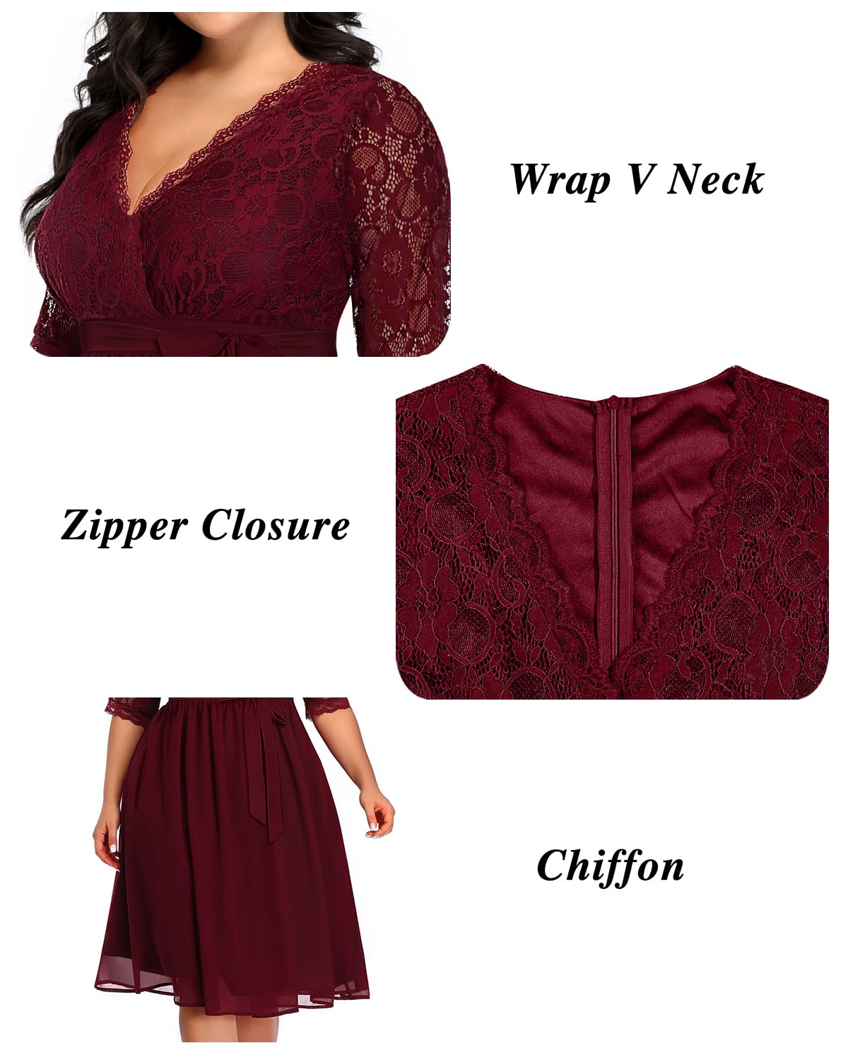 Pinup Fashion Plus Size Cocktail Dresses Women Burgundy Red Lace Top Chiffon Wedding Guest Semi-Formal Maroon Evening Party Wrap