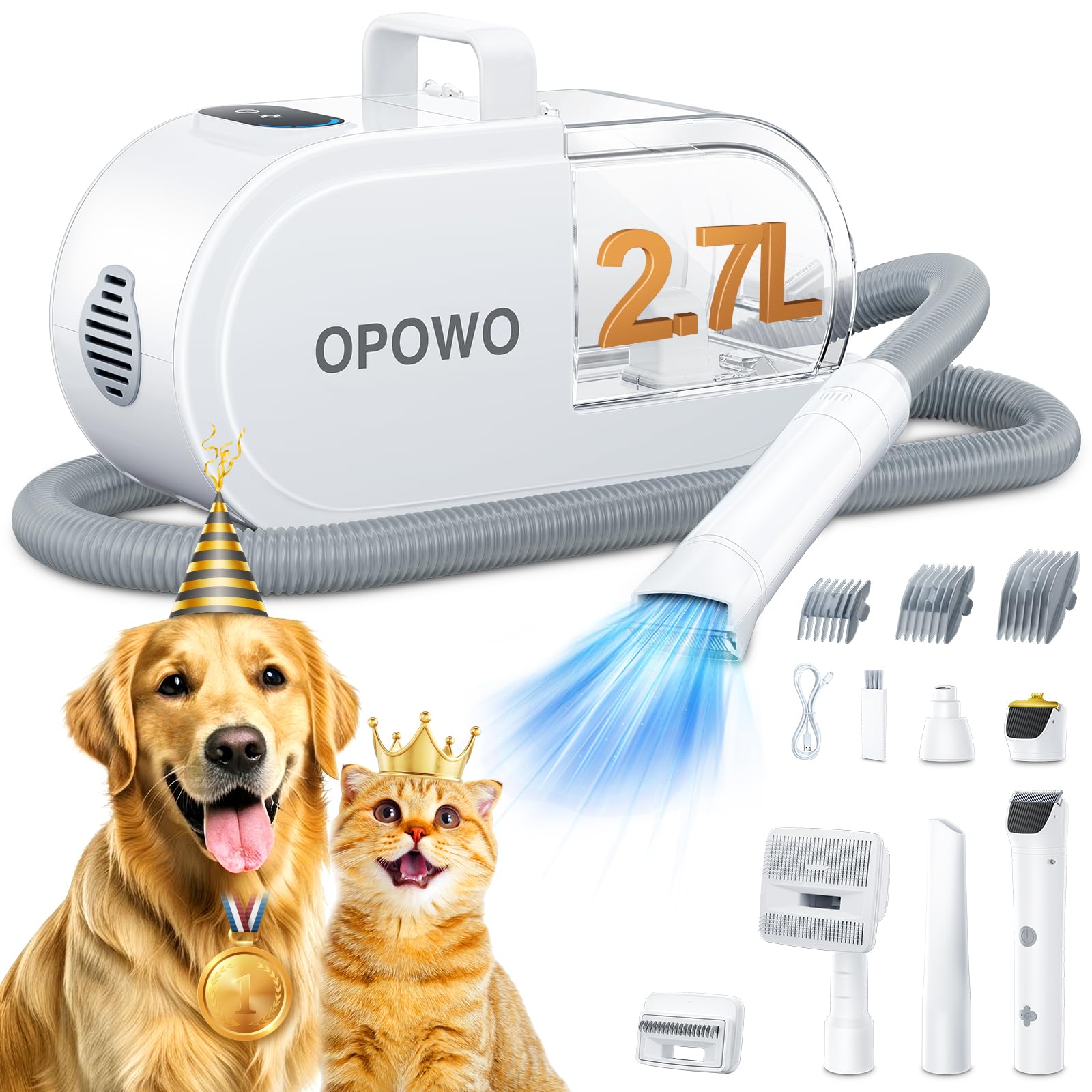 OPOWO Dog Grooming Vacuum, 2.7L Dog Hair Vacuum with Clipper Nail Grinder Paw Trimmer, 3 Suction Modes, Low Noise Groomer with 7