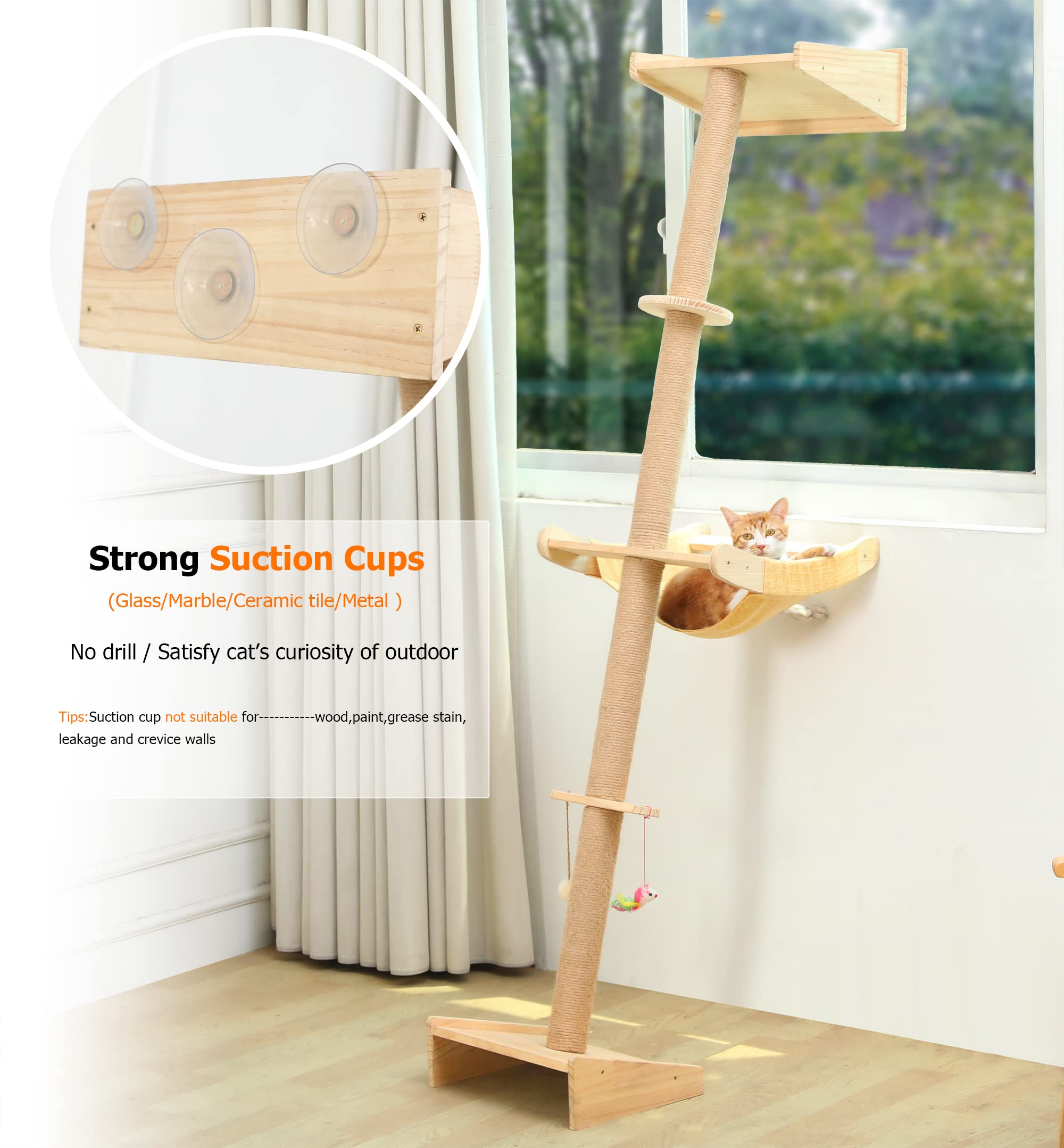 Wall Cat Tree With Hammock, 76'' Tall Cat Wall Furniture Lean Against Wall Cats Climbing Tower For Active Indoor Climbers With S