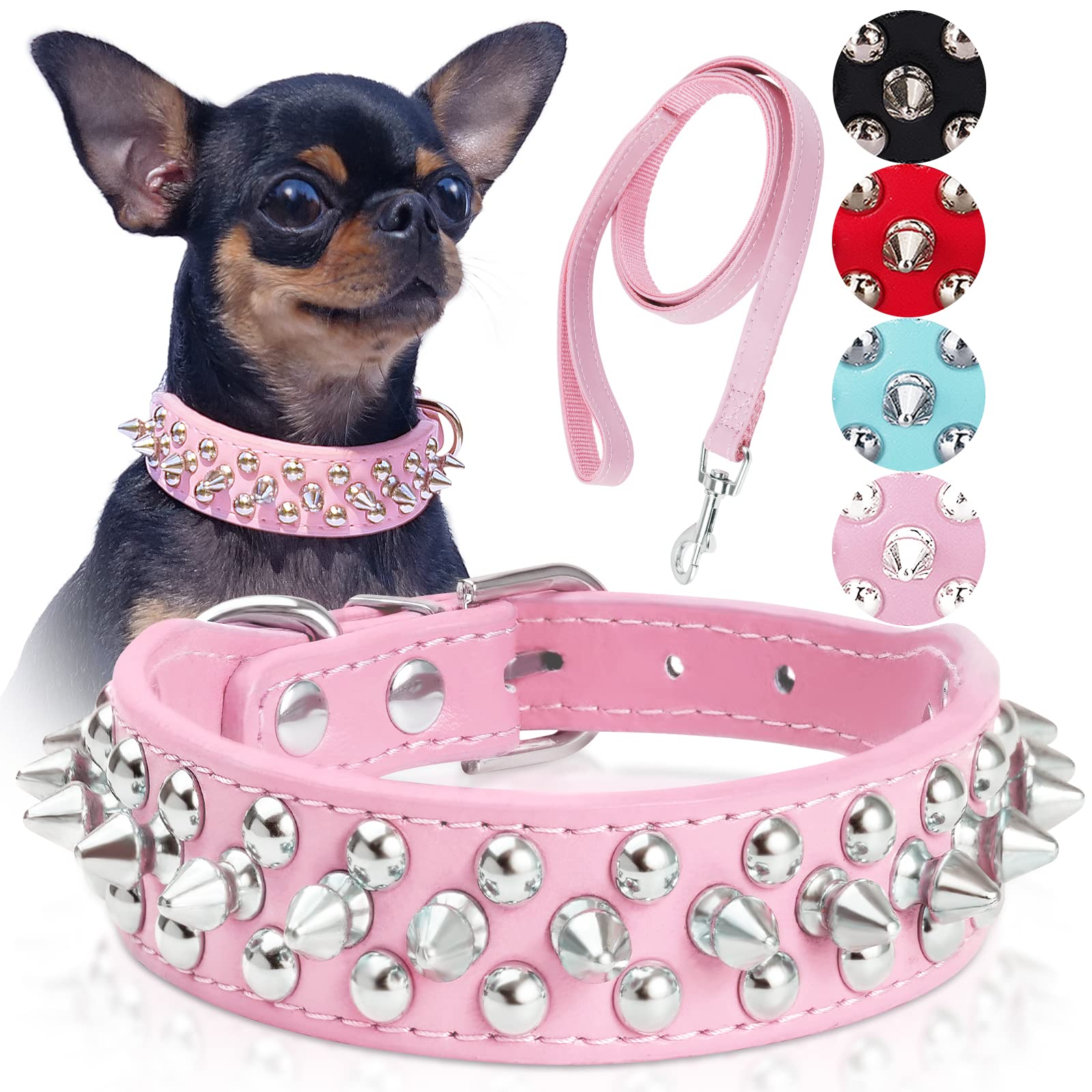 Spiked Dog Collar, Spike Collar For Dogs, Durable Pu Leather Studded Dog Collar With Leash, Epesiri Funny Mushrooms Rivet Small Puppy Dog Collars, Pet Cat Adjustable Collar, Best Gift, Pink Xsmall