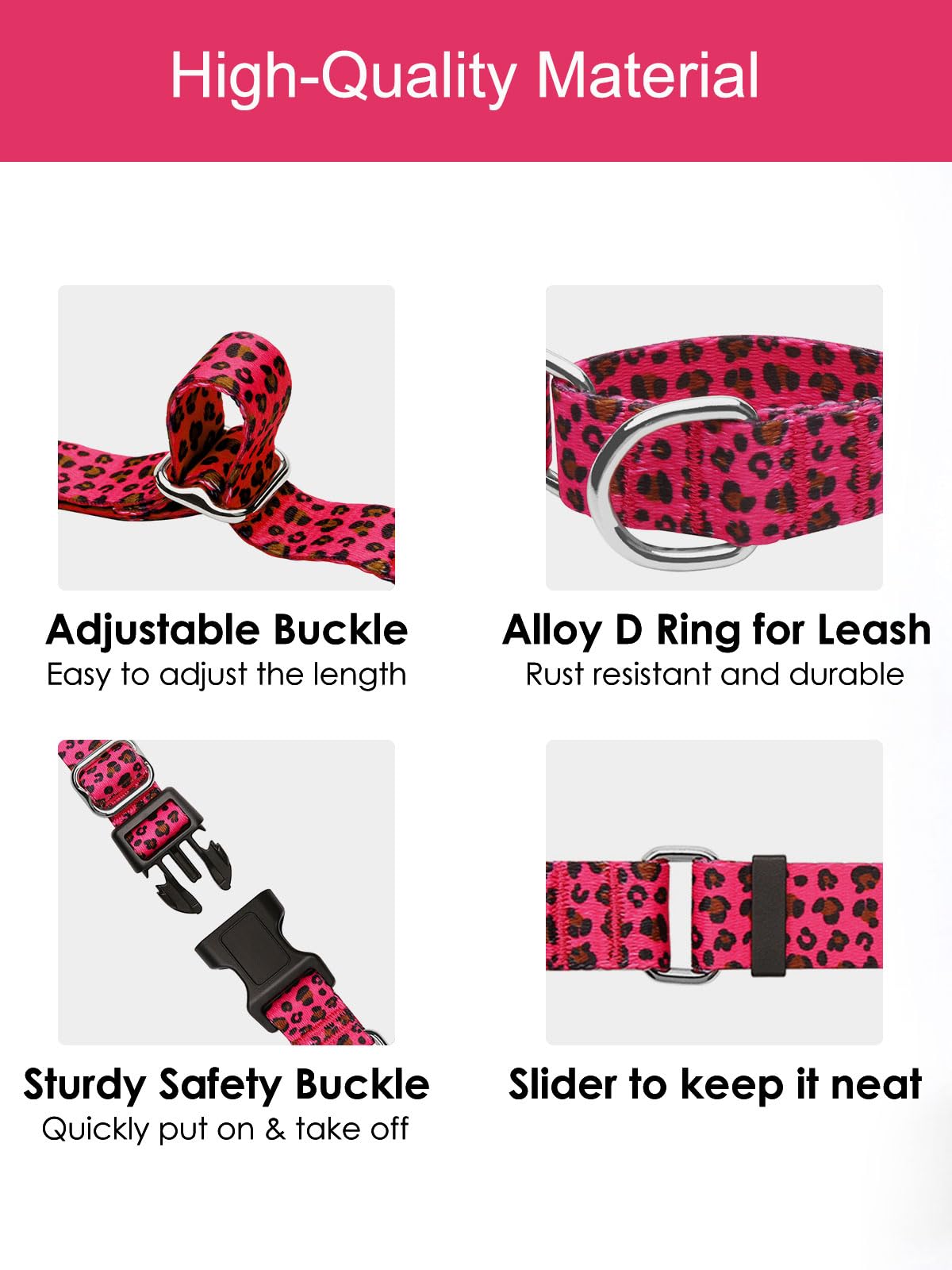 Joocpup Martingale Dog Collar With Tag Ring - Adjustable Soft Nylon No-Slip Design For Small, Medium & Large Dogs, Pink Leopard