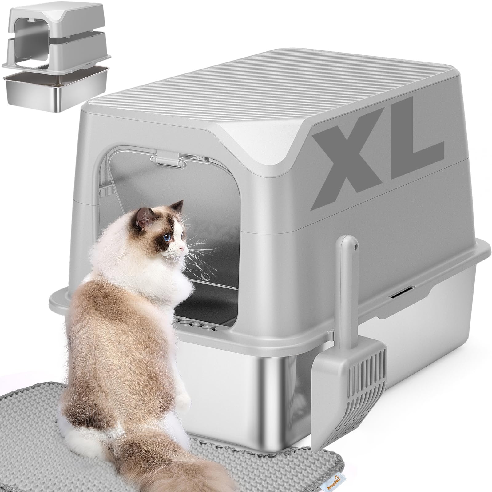 Amniau Stainless Steel Cat Litter Box with Lid, Extra Large Litter Box, Great for Large & Small Cat, Easy to Clean, Anti-Leakage