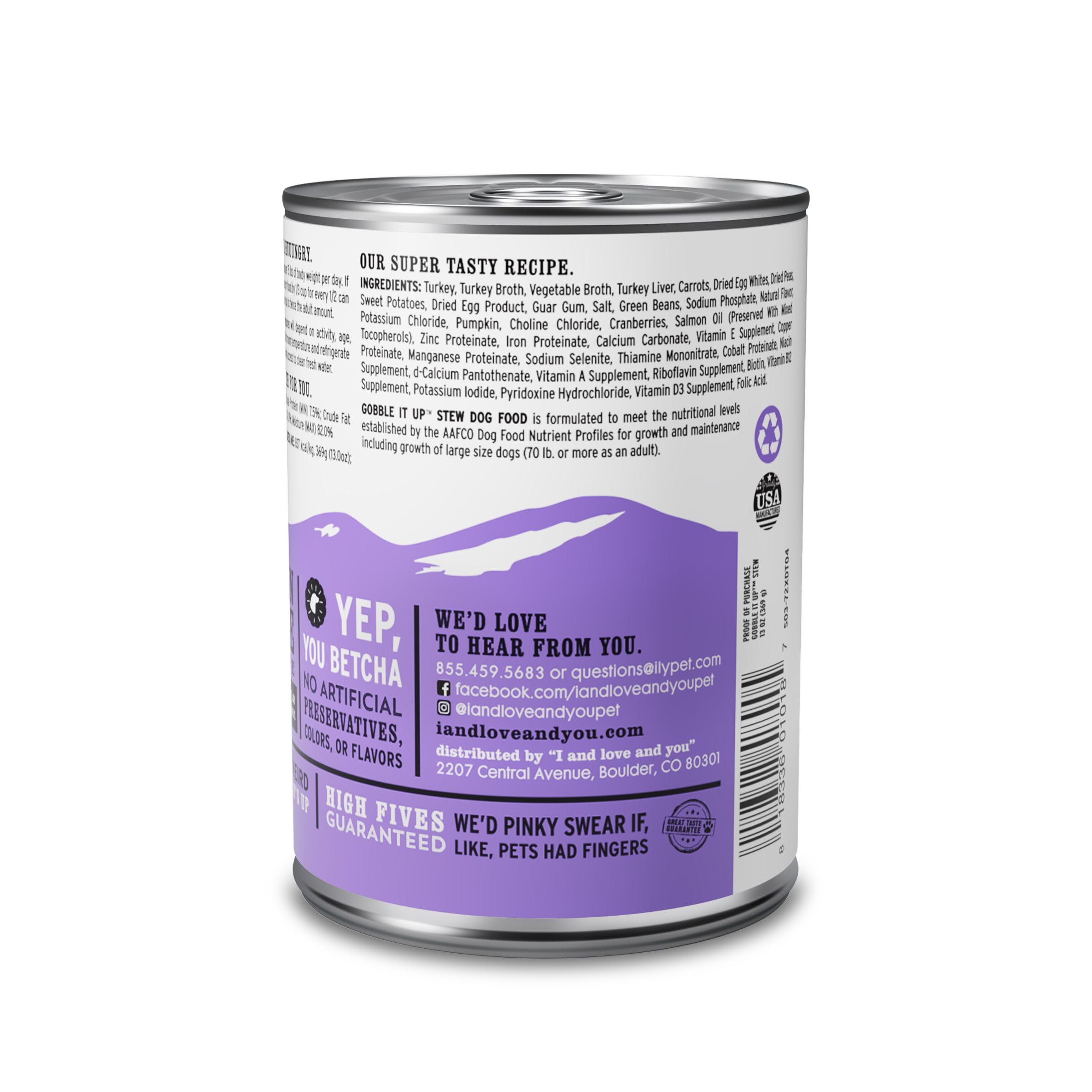I AND LOVE AND YOU Wet Dog Food - Gobble It Up Stew - Turkey Recipe, Grain Free, Filler Free 13oz can, 12pk