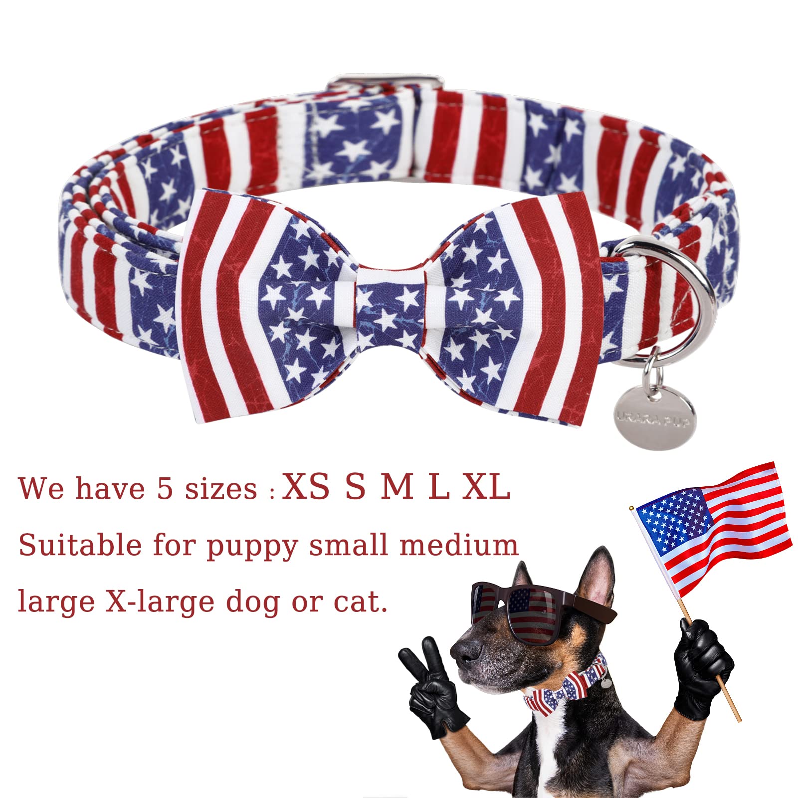Up Urara Pup Dog Collar With Bow Tie, 4Th Of July Comfortable Cotton, American Flag For Medium Girl Boy, Patriotic Bowtie With M