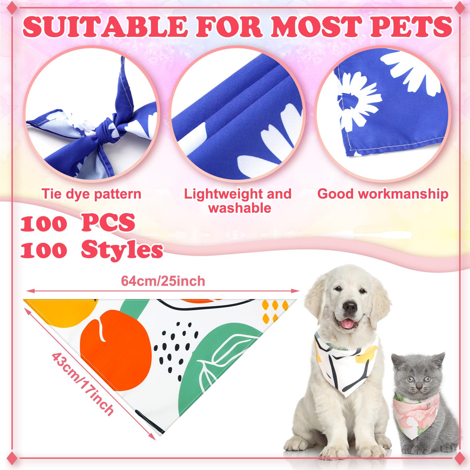 Huhumy 100 Pcs Dog Bandanas Bulk Pet Bibs Colorful Triangle Scarf Pet Bandanas For Medium Large Dogs Spring Summer Birthday Cost