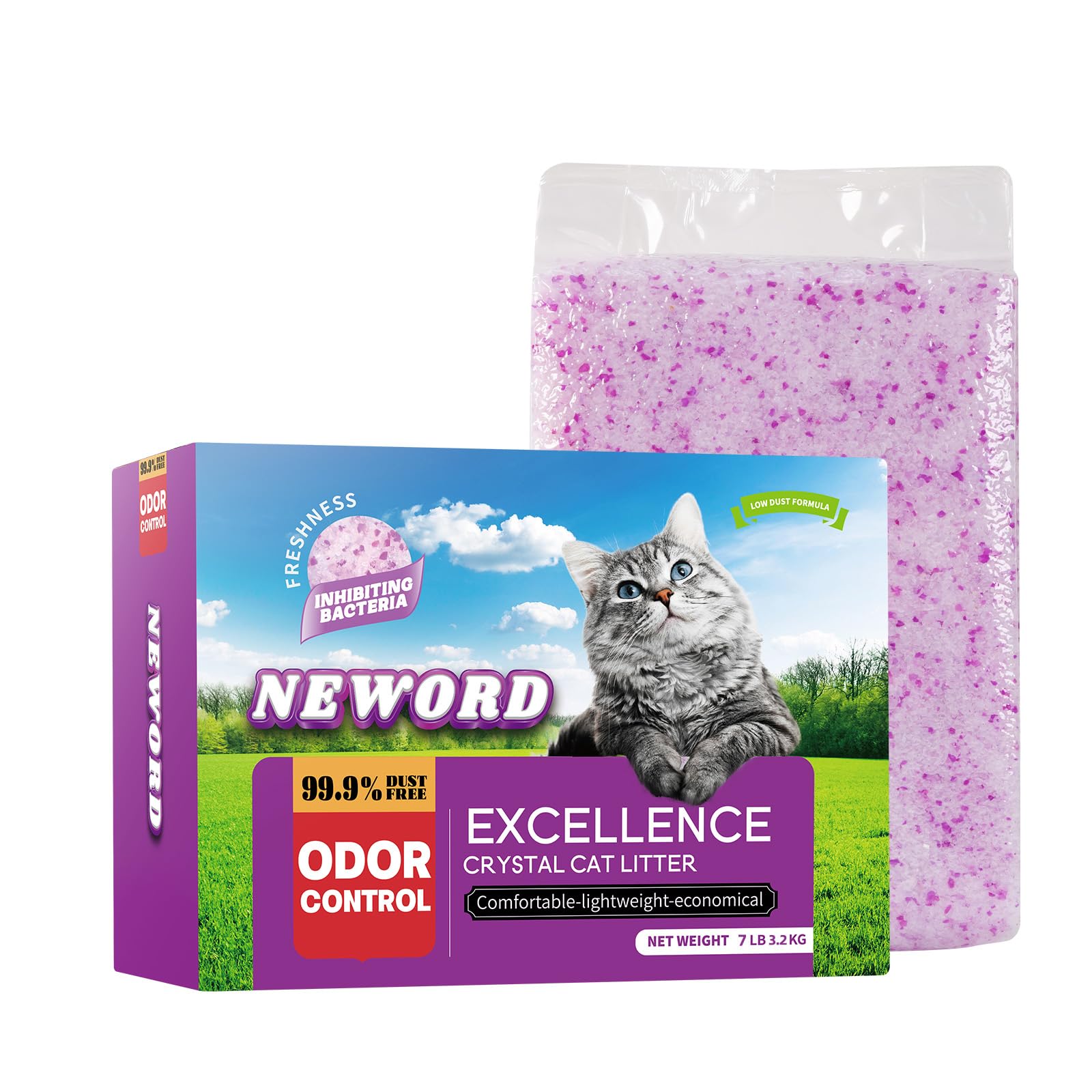 Neword Crystals Cat Litter Lightly Scented Litter Superior Odor Control 7 Lbs Total Soft-On-Paws Low Tracking Dust-Free Purple S