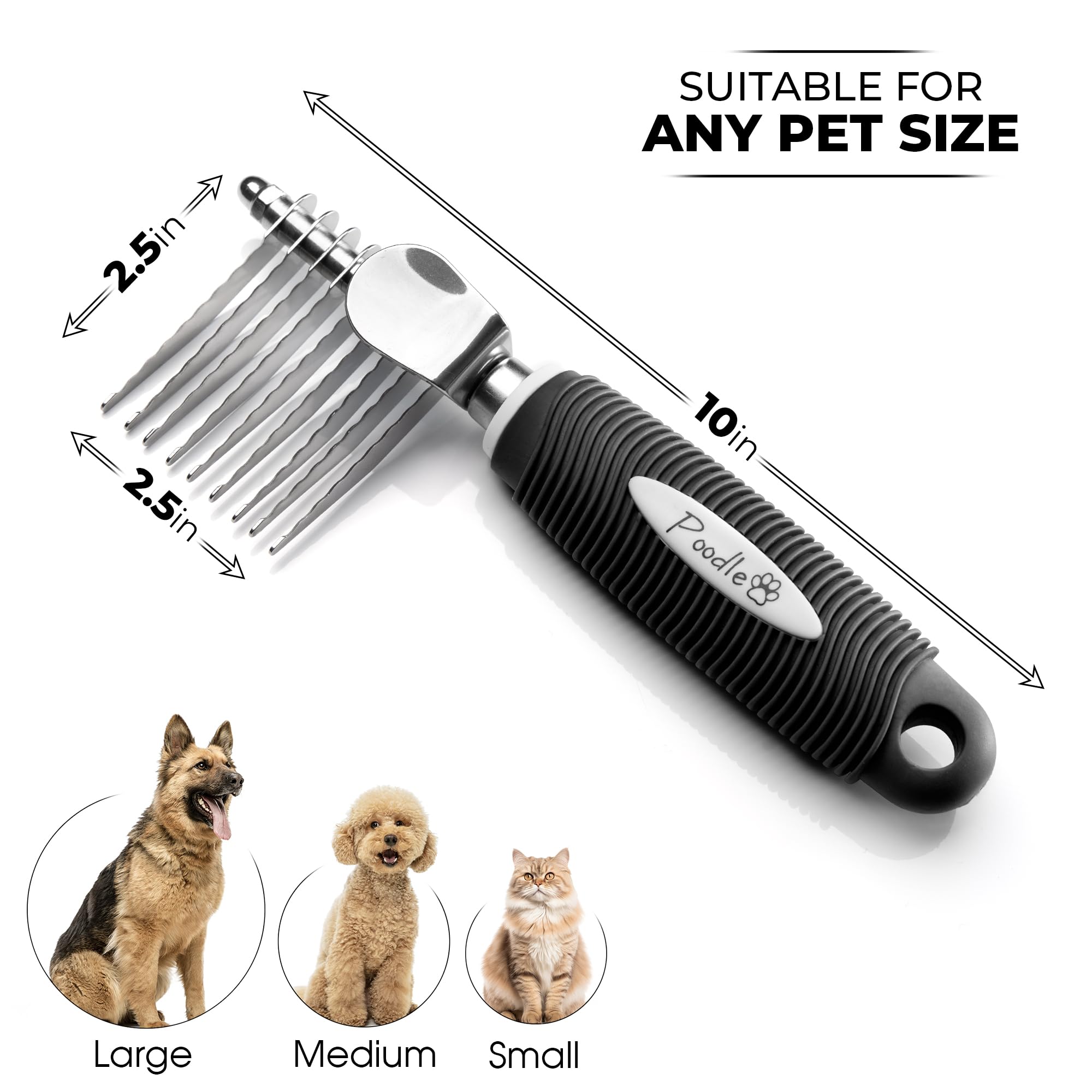 Poodle Pet Dematting Fur Rake Comb Brush Tool - Dog And Cat Comb With Long 2.5 Inches Steel Safety Blades For Detangling Matted
