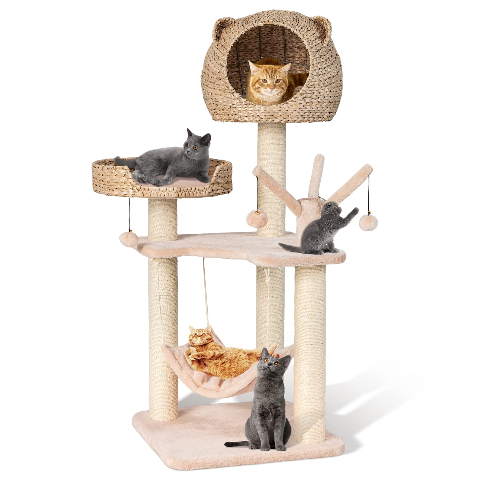 Petsite Woven Cat Tree, Modern Cat Tower With Hammock & Scratching Posts, Cattail Condo & Top Perch, Cat Activity Tree For Indoo