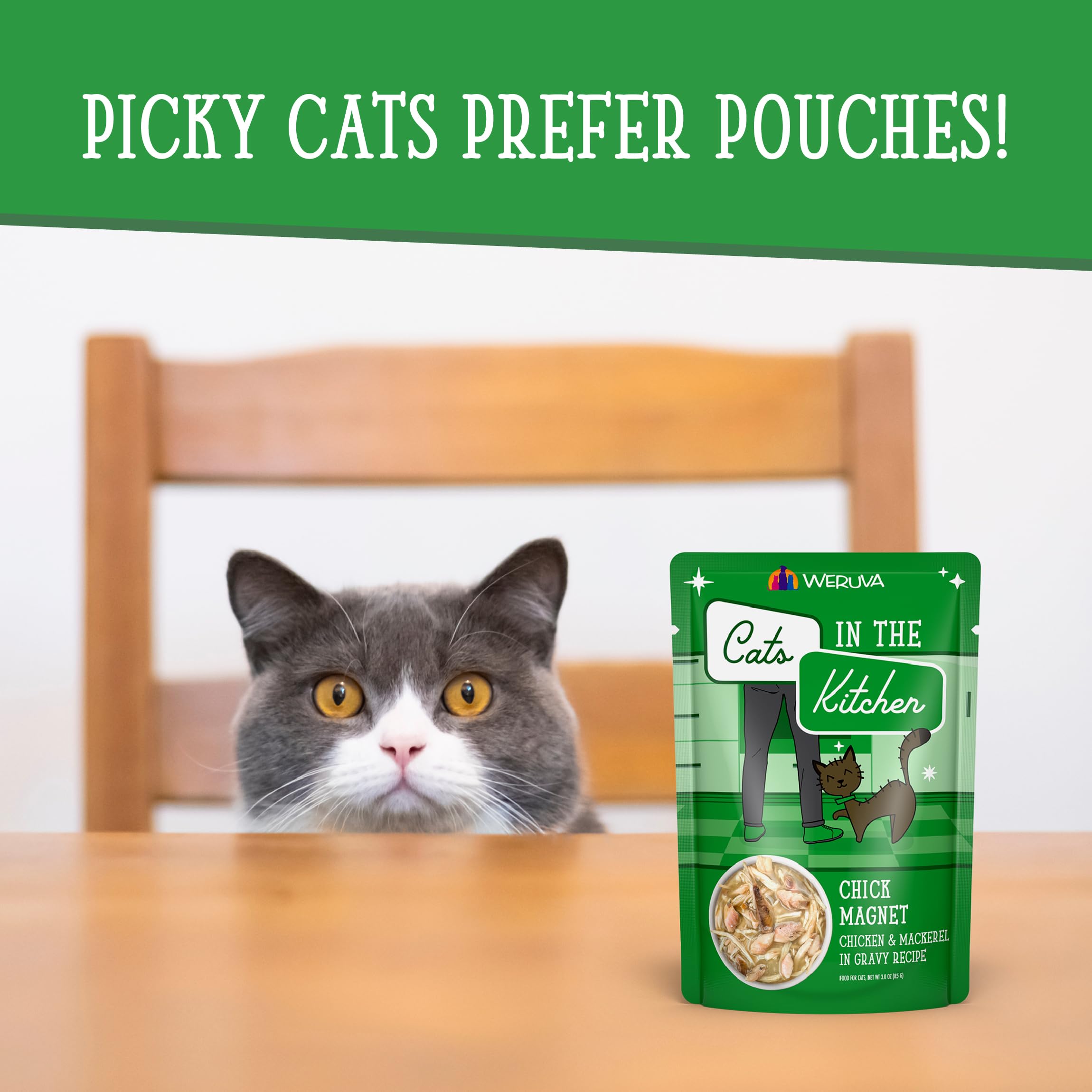 Weruva Cats in The Kitchen, Chick Magnet with Chicken & Mackerel in Gravy Cat Food, 3oz Pouch (Pack of 12)
