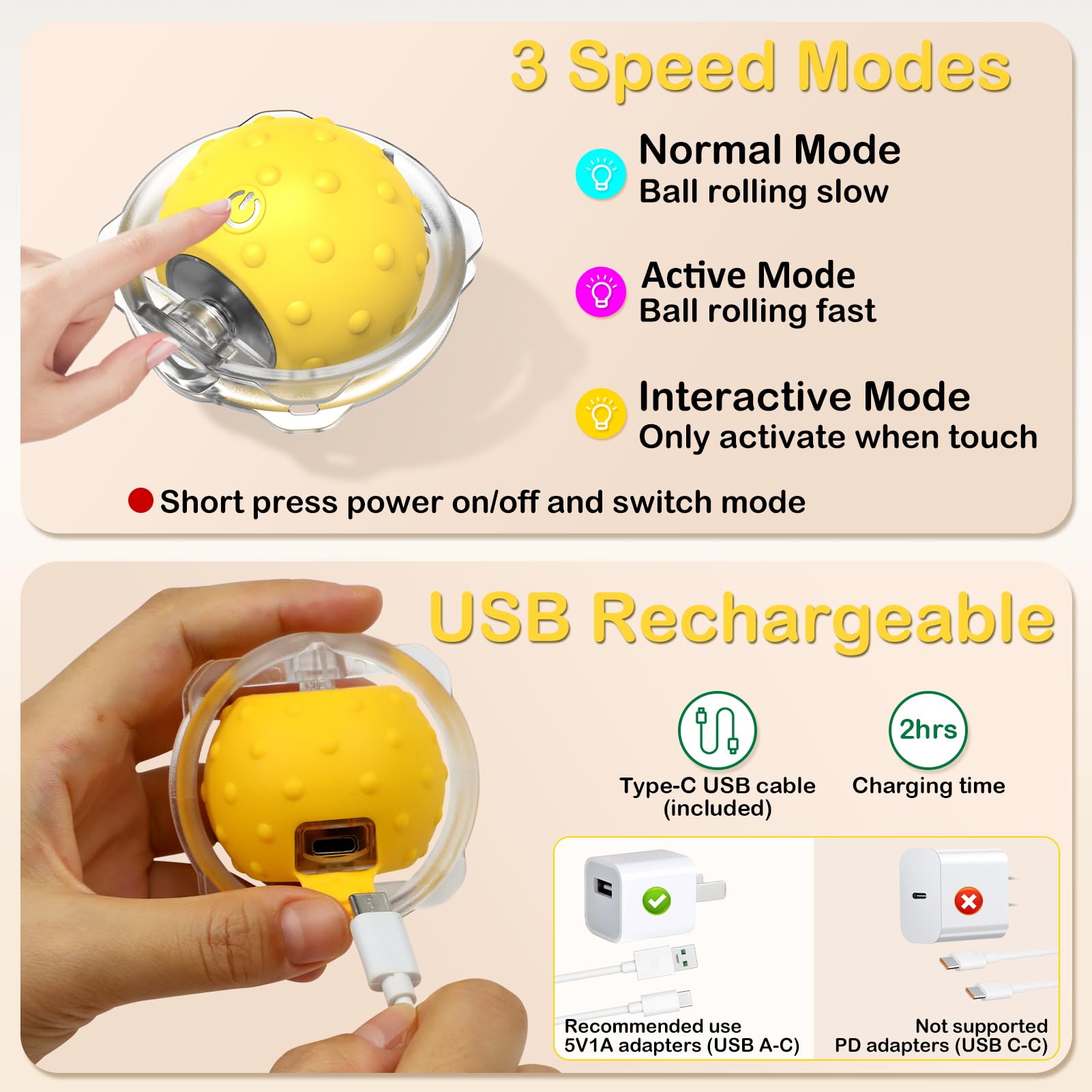 Muhhiba Interactive Cat Toy - Electric Rolling Ball, Medium, Yellow, Motion Activated with LED Light, Ideal for Indoor Cats