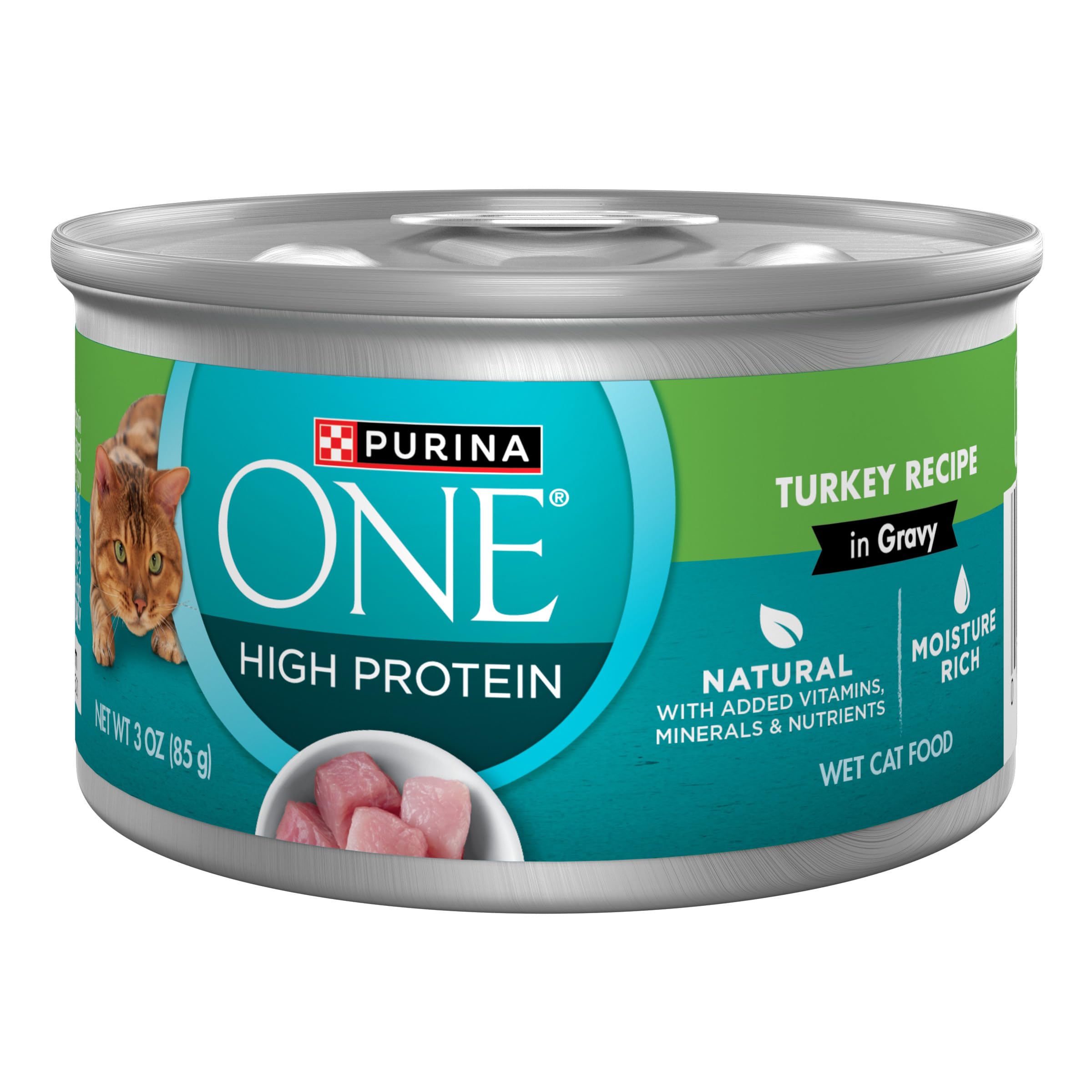 Purina ONE Natural, High Protein Cat Food, Turkey Recipe in Gravy - (Pack of 24) 3 oz. Pull-Top Cans