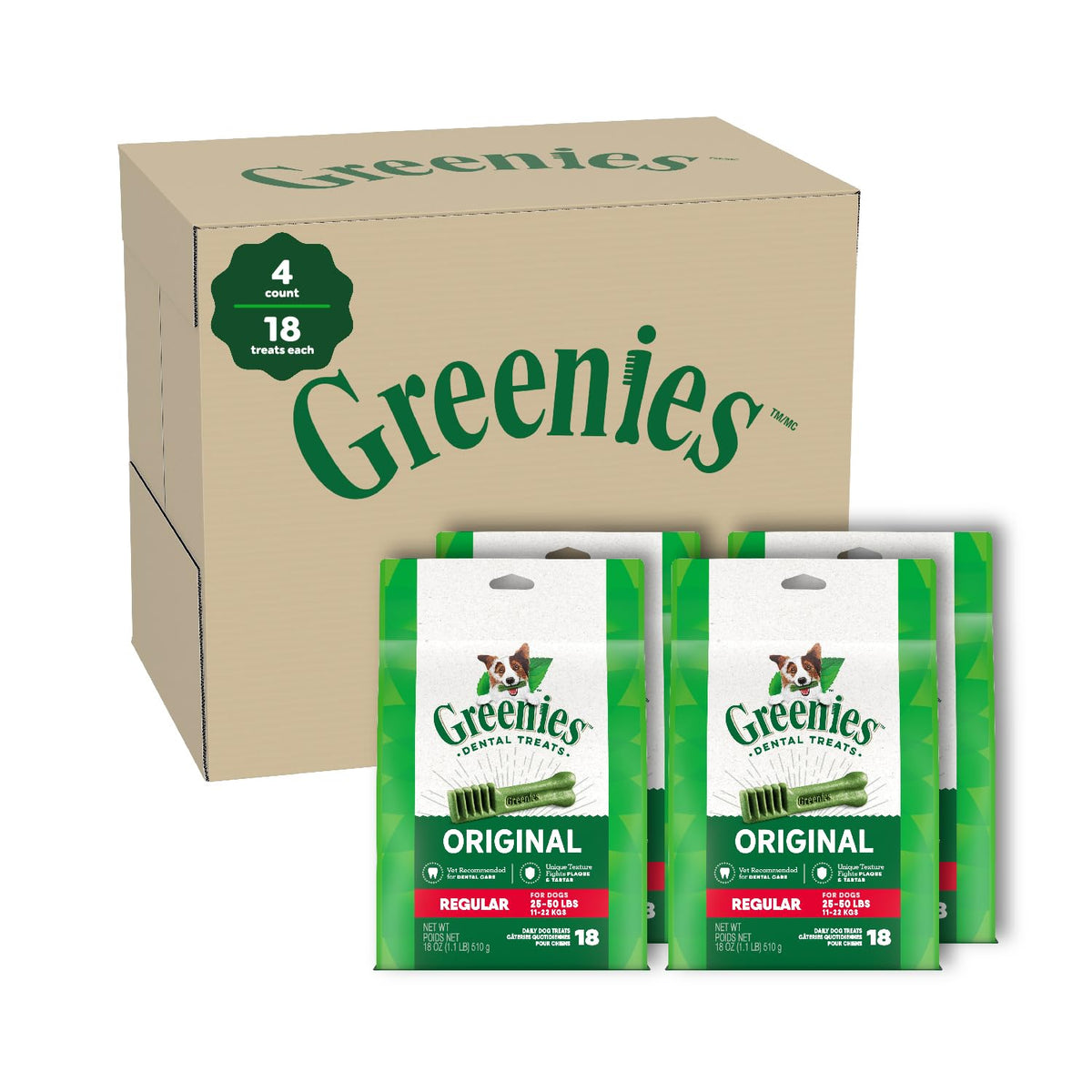 Greenies Original Regular Natural Dog Dental Care Chews Oral Health Dog Treats, 72 Oz. Pack (72 Treats)
