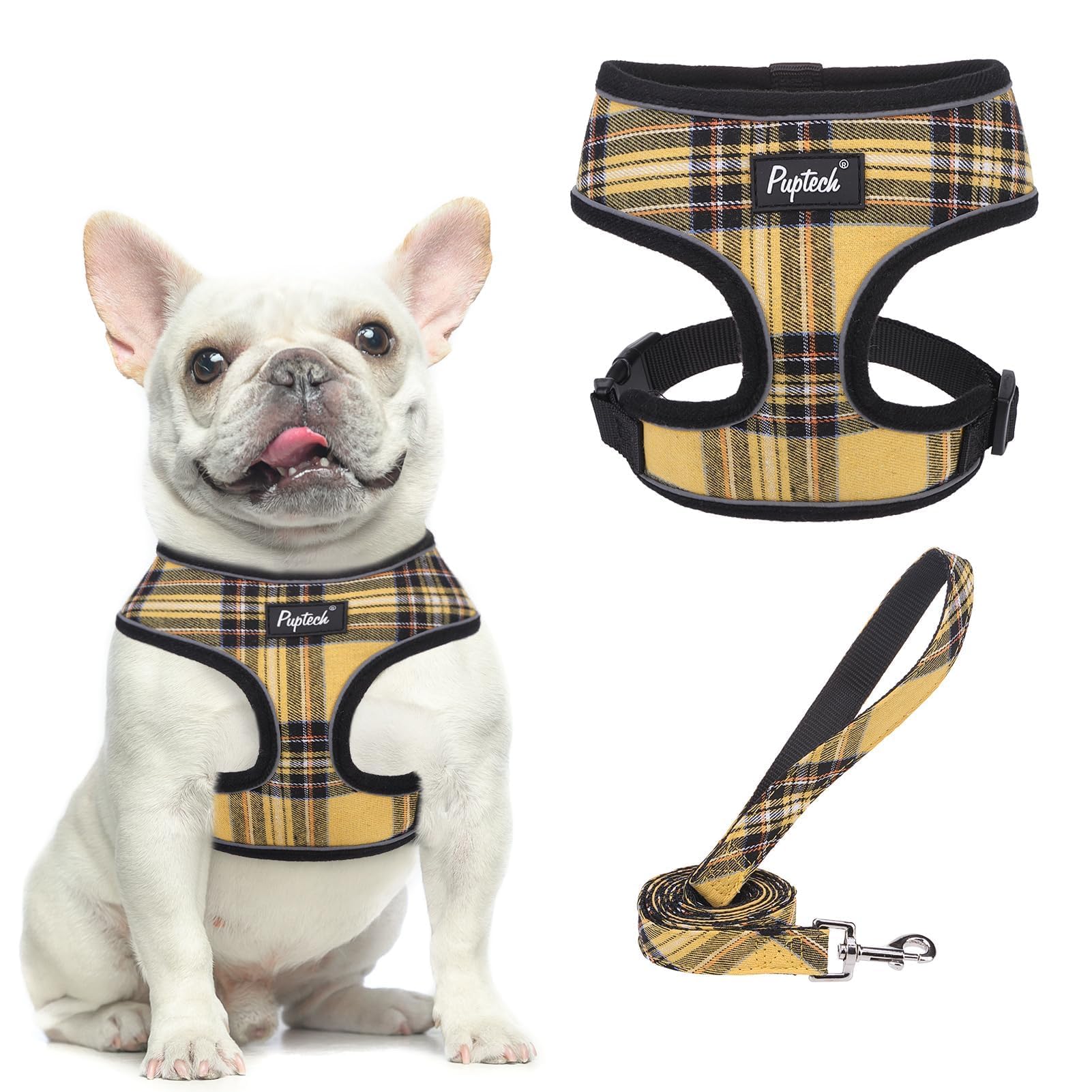 Pupteck Soft Mesh Dog Harness And Leash Set Pet Puppy Cat Comfort Padded Vest No Pull Harnesses, Yellow, L